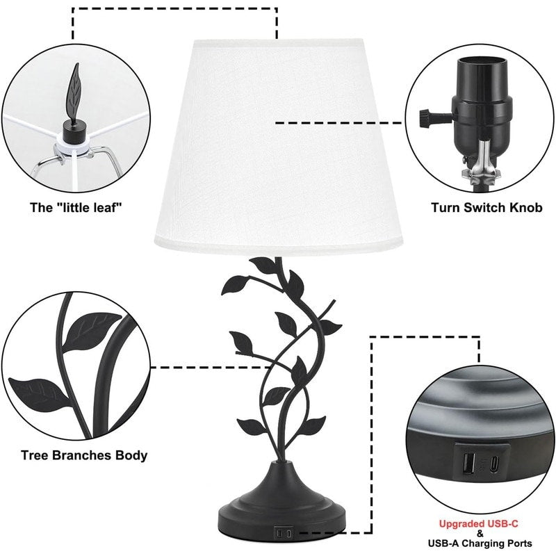 Traditional Tall Vintage Table Lamp USB Rechargeable Nightstand Light - 9.8D x 9.8W x 24.4H