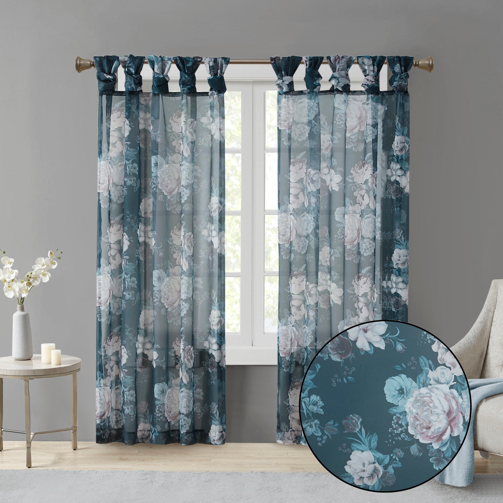 Printed Floral Twist Tab Top Voile Sheer Curtain