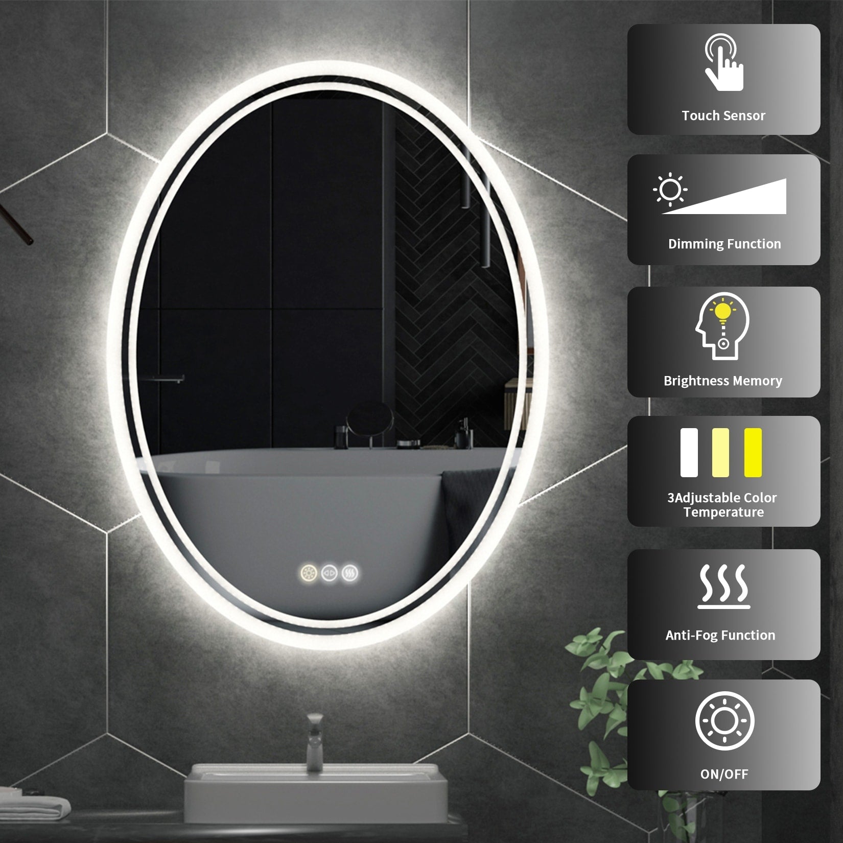 LED Backlit Bathroom Vanity Mirror Wall Mounted Anti-Fog Oval Touch