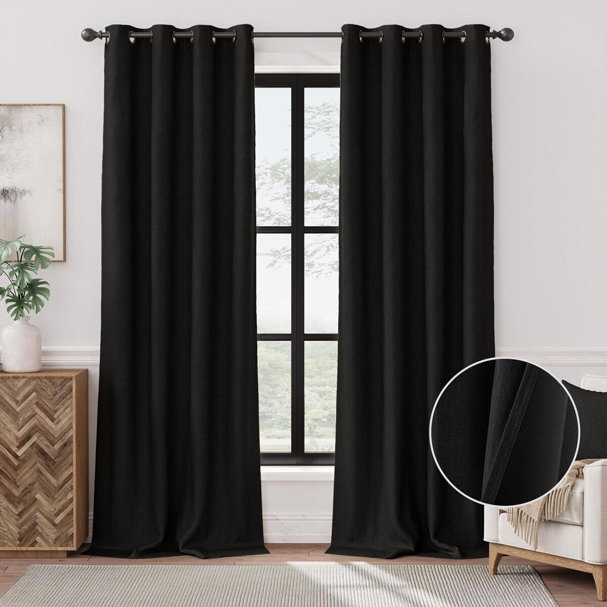 90% Blackout Faux Linen Curtains Thermal Insulated Room Darkening Curtains, 2 Panels Set, Grommet Top Window Treatments