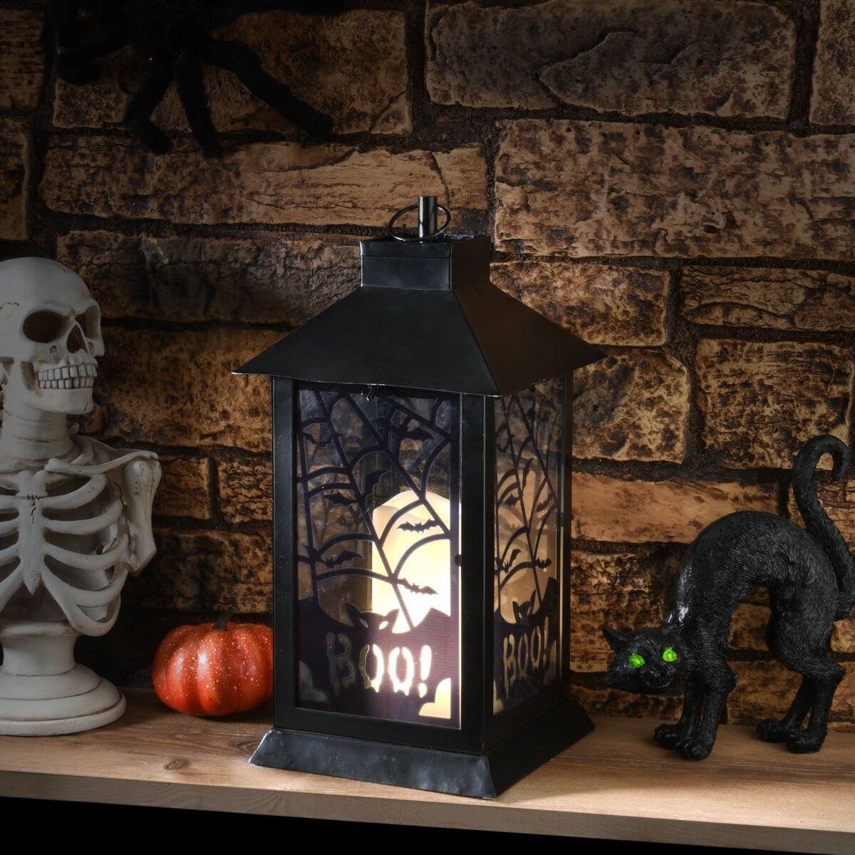 National Tree Company Halloween Lantern with LED Lights, Carved Images of Bats and Cobwebs, 16 inches - 16 in