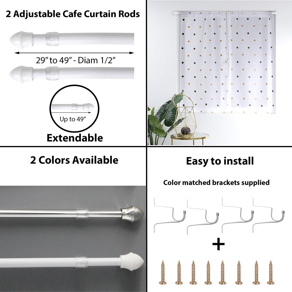 Set of 2 Cafe Curtain Rods Adjustable - Diam 1/2