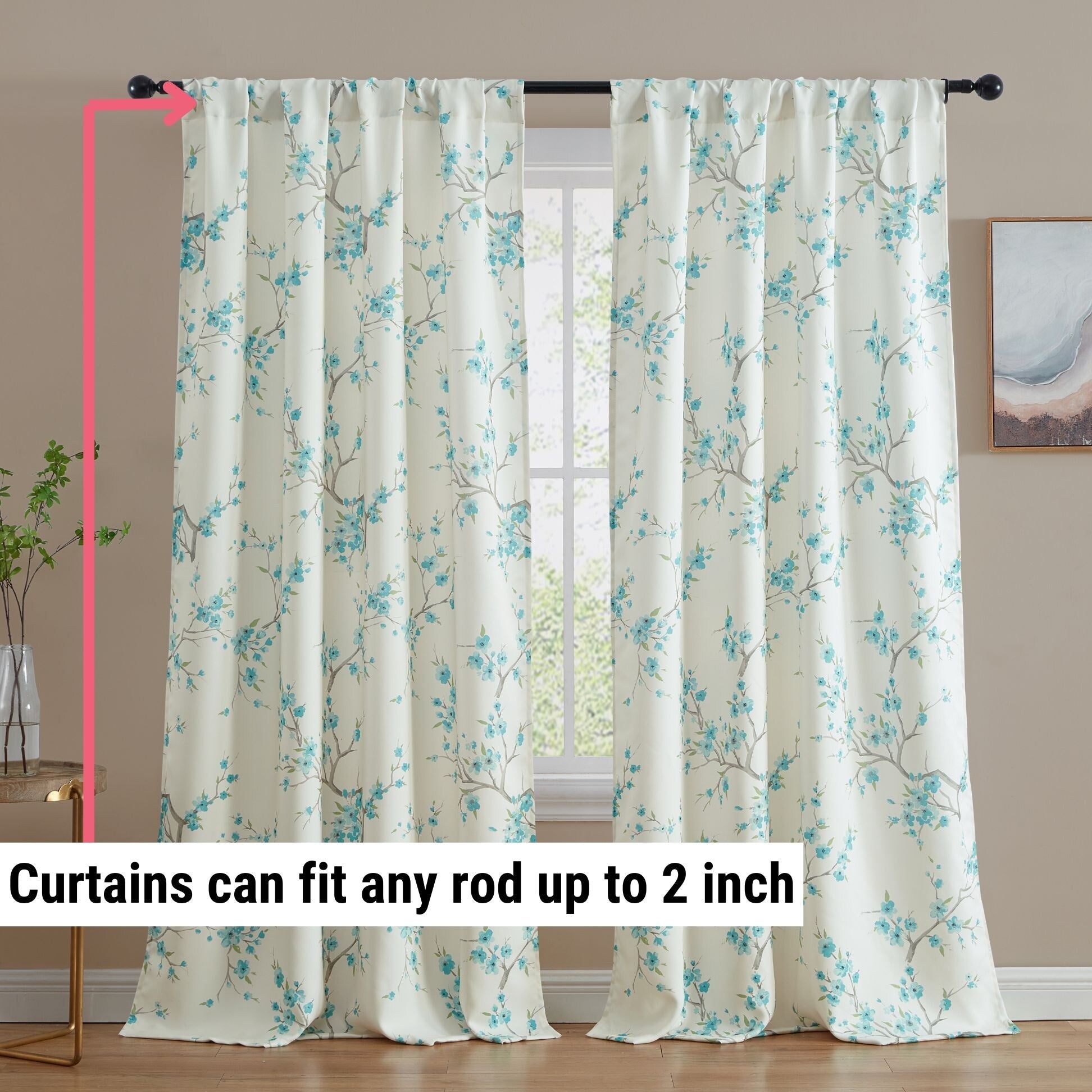 HLC.me Jasmine Floral Light Blocking Curtain Rod Pocket Pole Top Panels - Set of 2