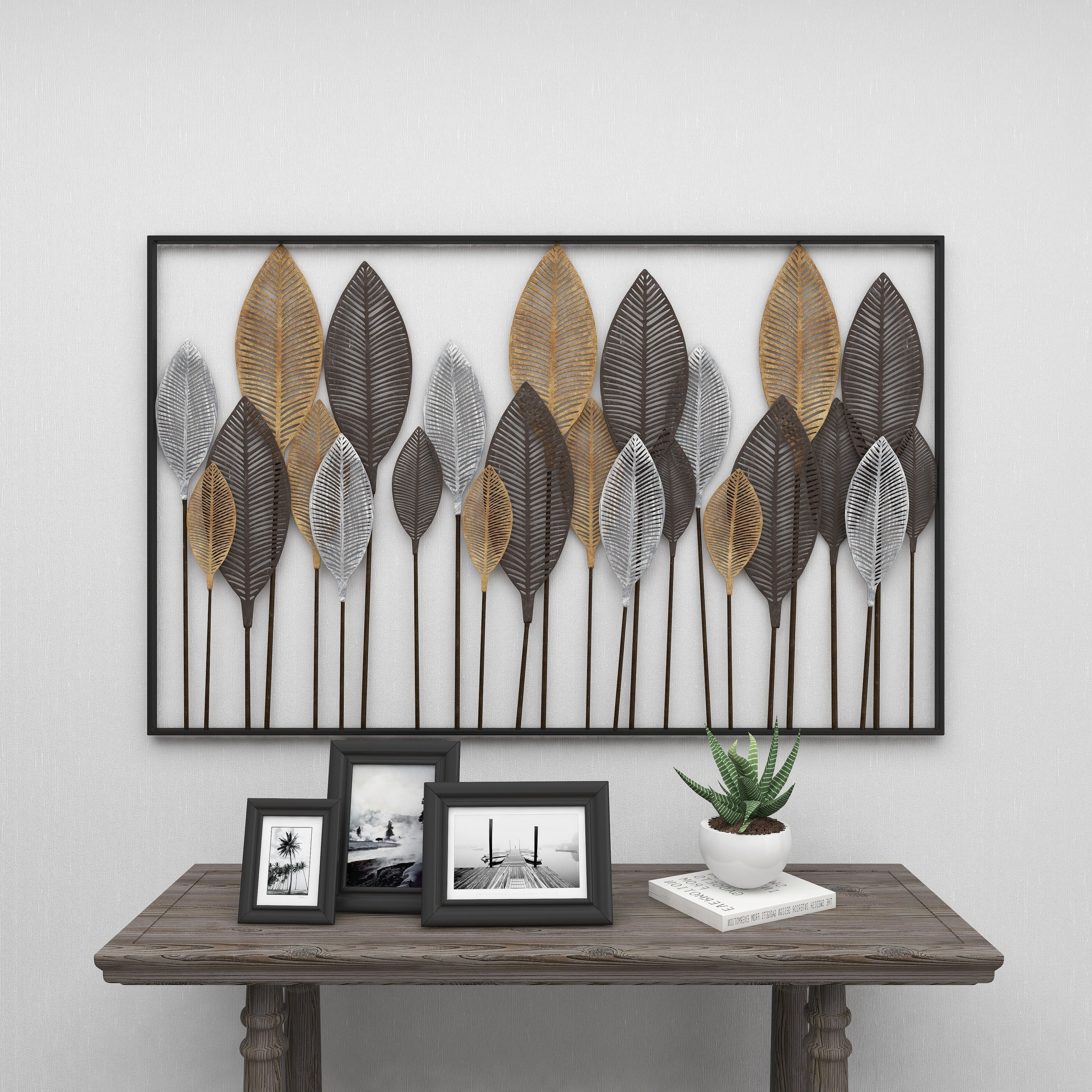 Contemporary Metal Tall Cut-Out Leaf Wall Decor with Intricate Laser Cut Designs - Bronze, Gray, Brass