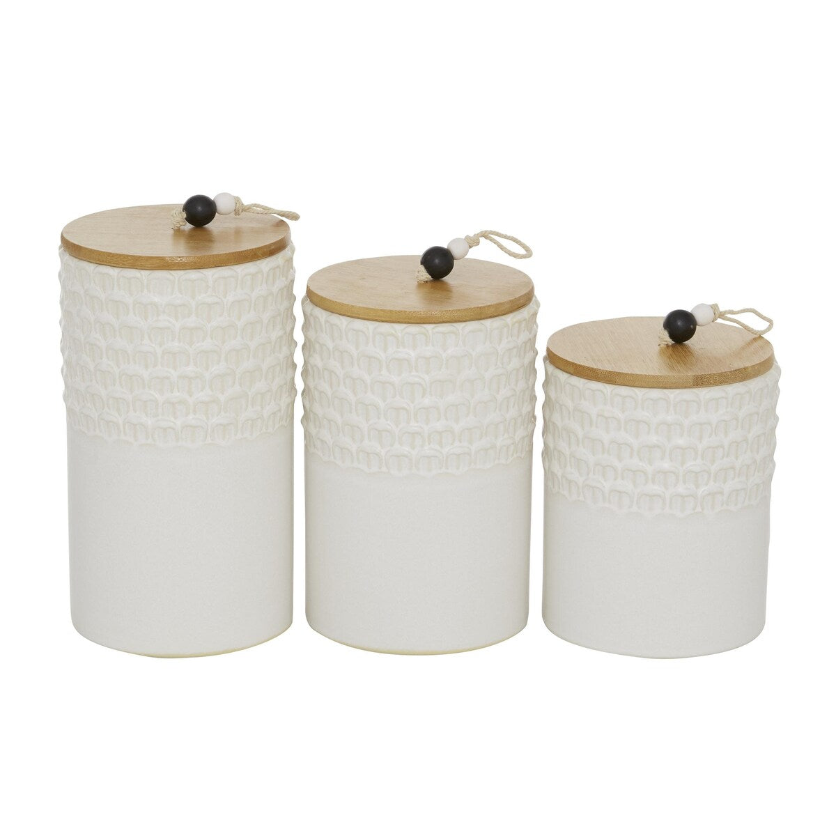 Ceramic Textured Living Room Decorative Jars with Wood Lids and Beaded Accents - Set of 3 White - Roche River Decor