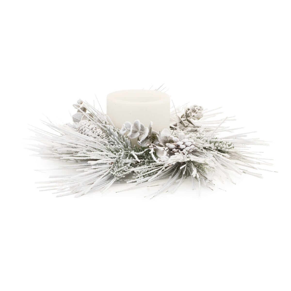 Flocked Mixed Pine Eucalyptus Candle Ring 24.5D - White, Green, Brown