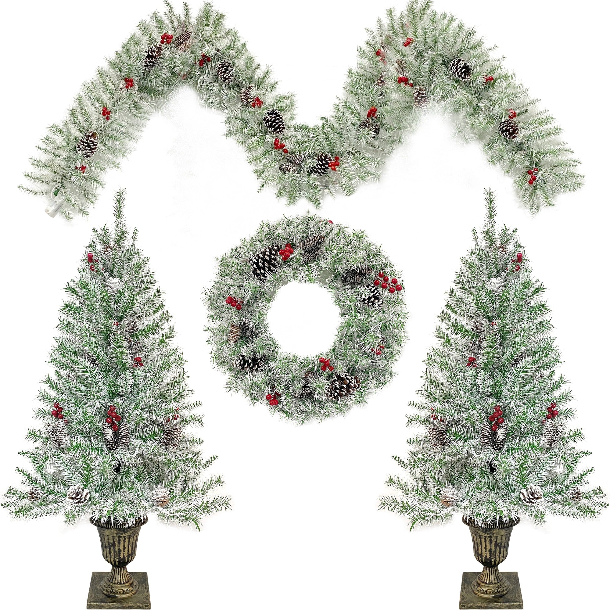 Artificial Christmas 4-Piece Set,Garland, Wreath and Set of 2 Entrance Trees X-mas with LED Lights, Christmas Tree