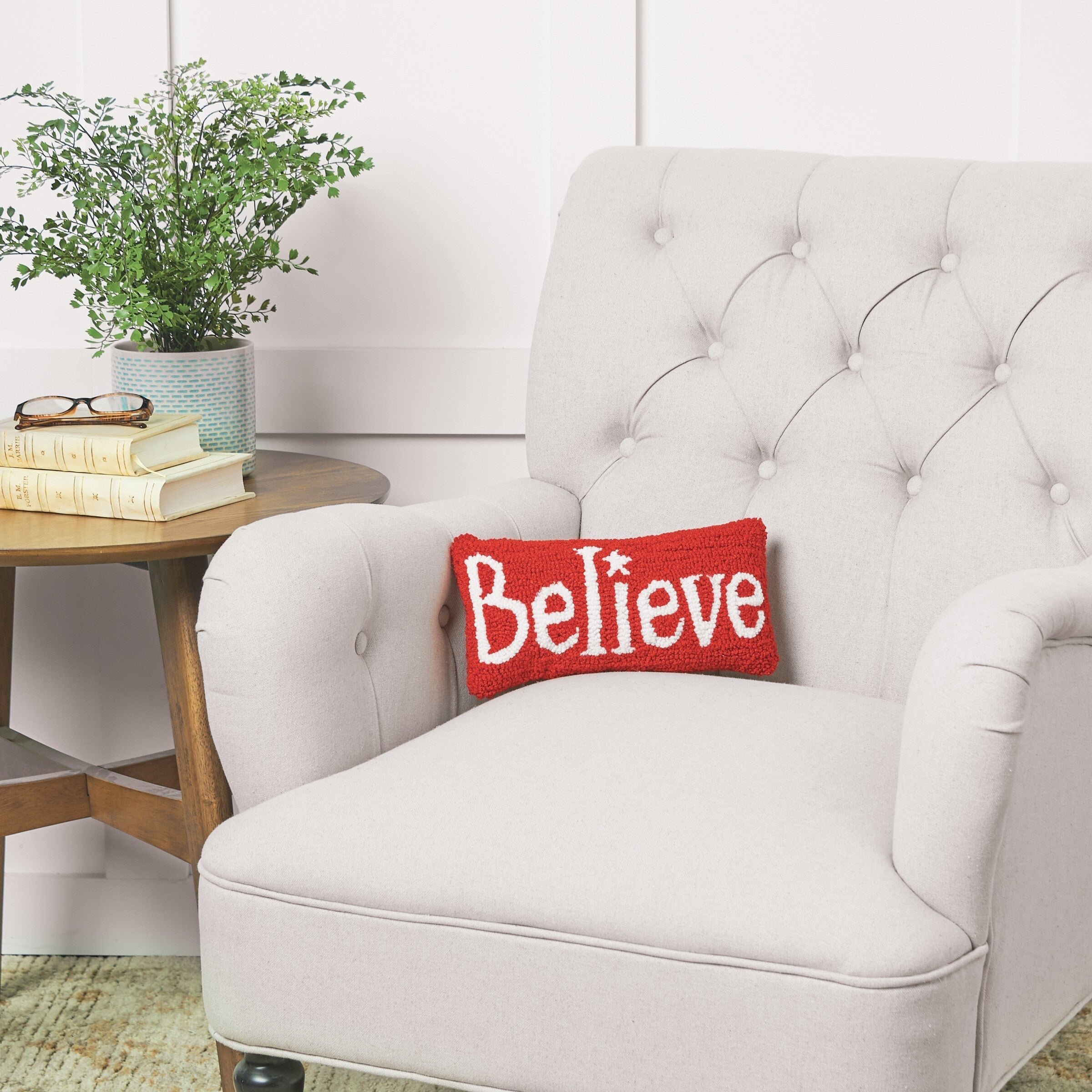 Christmas Believe Hooked Decorative Accent Throw Pillow