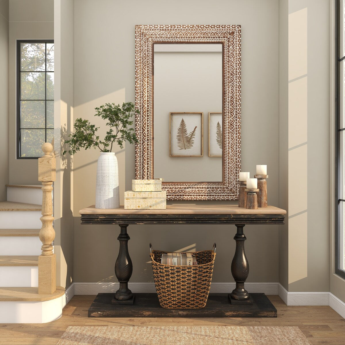 Wood Floral Room Wall Mirror with Detailed Cream Carvings - Brown - Roche River Decor