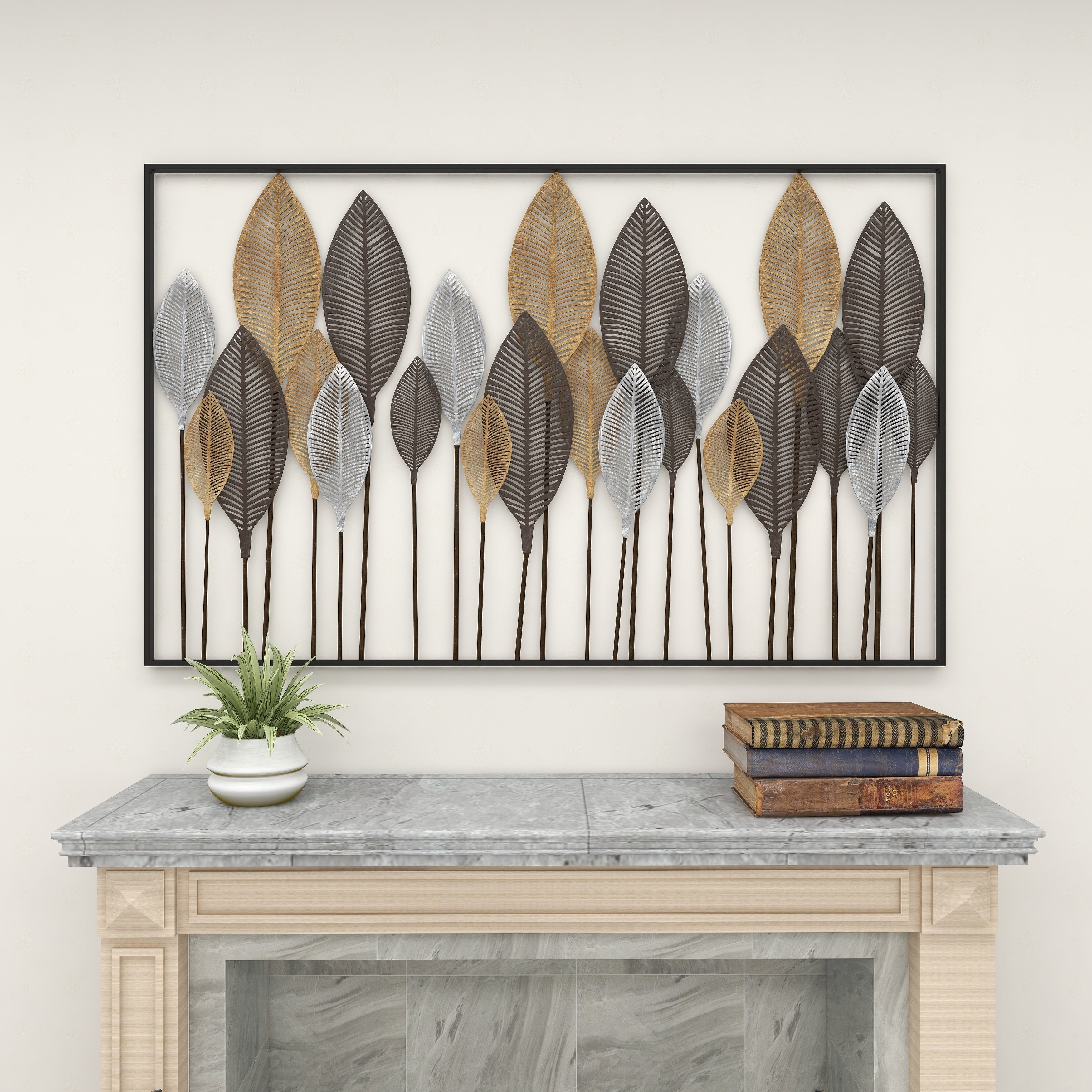 Contemporary Metal Tall Cut-Out Leaf Wall Decor with Intricate Laser Cut Designs - Bronze, Gray, Brass