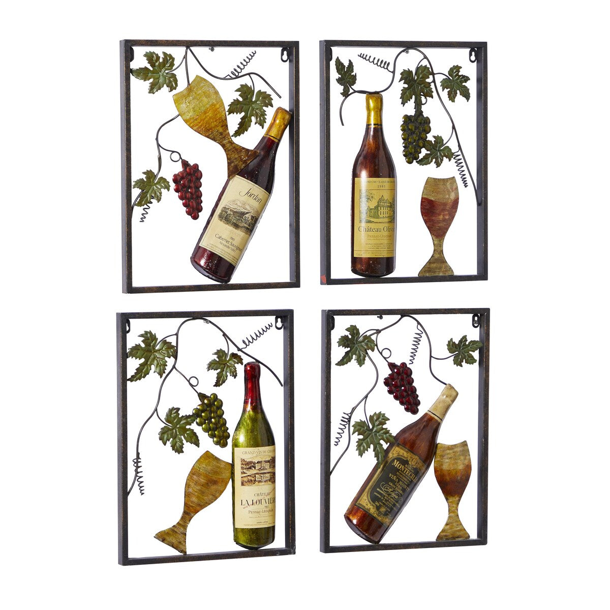 Metal Wine Home Wall Decor with Grapes Detailing - Set of 4 Multi Colored - Roche River Decor