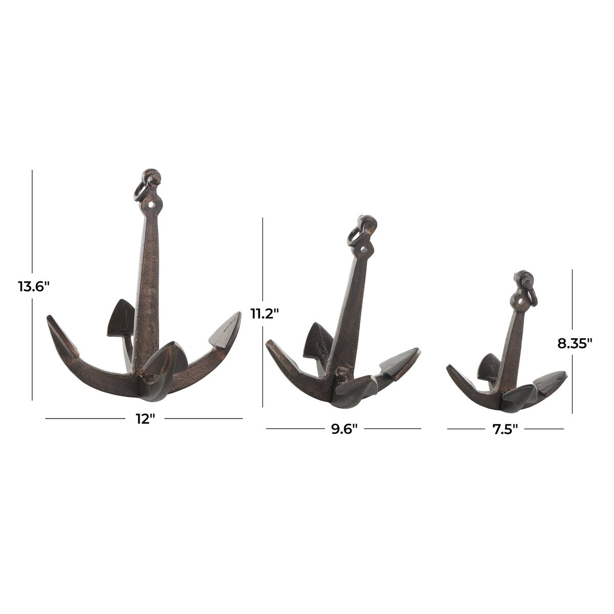 Aluminum Metal Anchor Weathered Decorative Sculpture with Hanging Hook - Set of 3 Copper - Roche River Decor