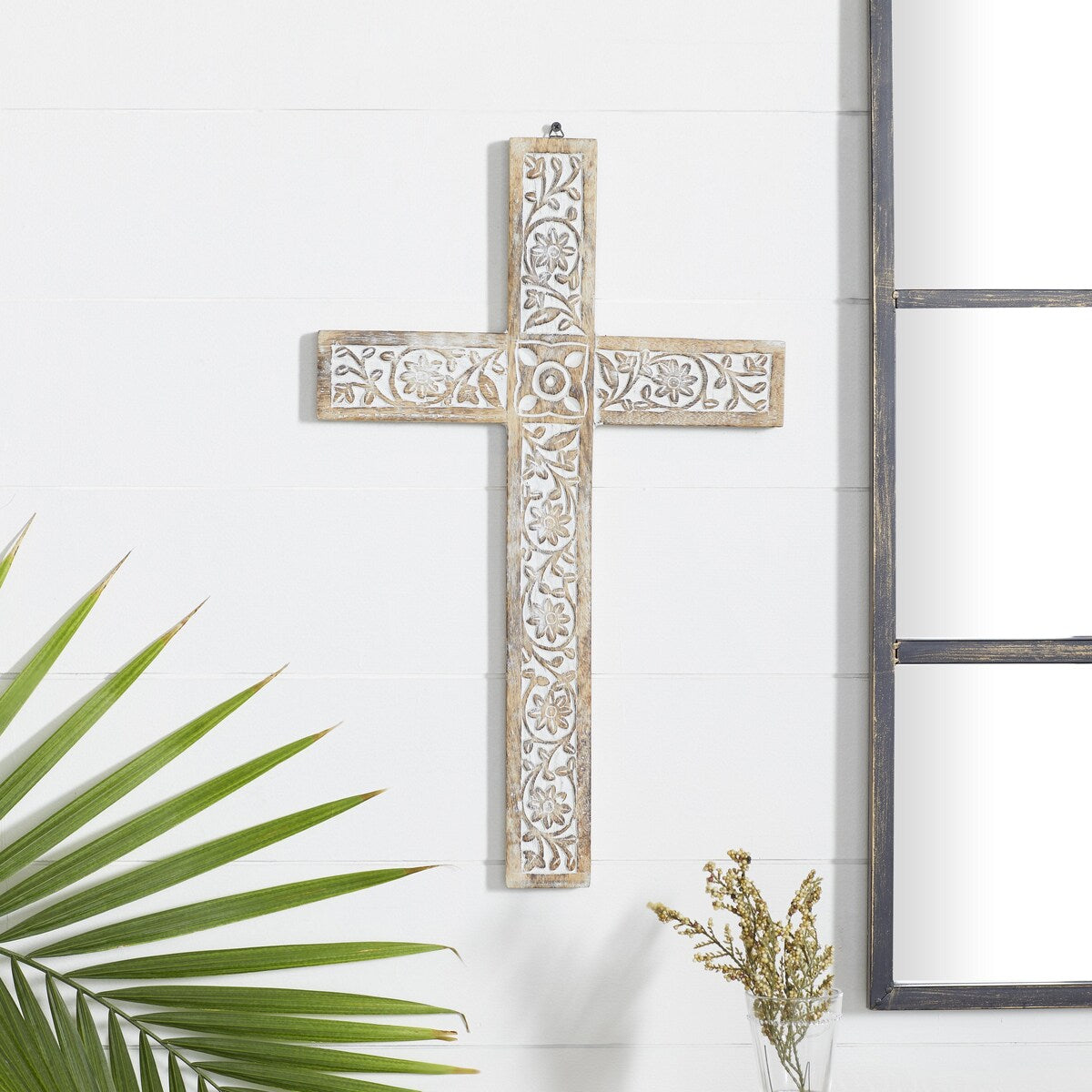 Mango Wood Biblical Carved Cross Home Wall Decor - Brown - Roche River Decor