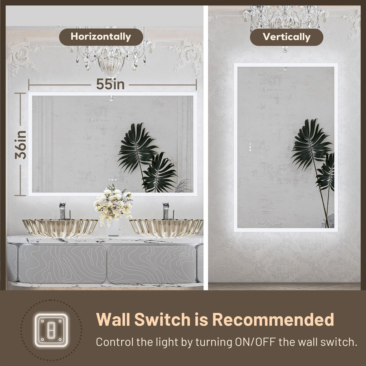 Keonjinn Smart LED Frontlit & Backlit Bathroom Vanity Wall Mirror, 3 Colors, Acrylic Edge, Anti Fog, Radar Sensor, Dimmable