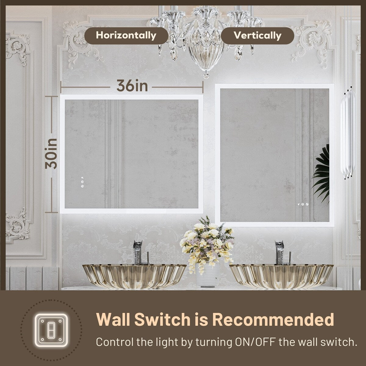 Keonjinn Smart LED Frontlit & Backlit Bathroom Vanity Wall Mirror, 3 Colors, Acrylic Edge, Anti Fog, Radar Sensor, Dimmable