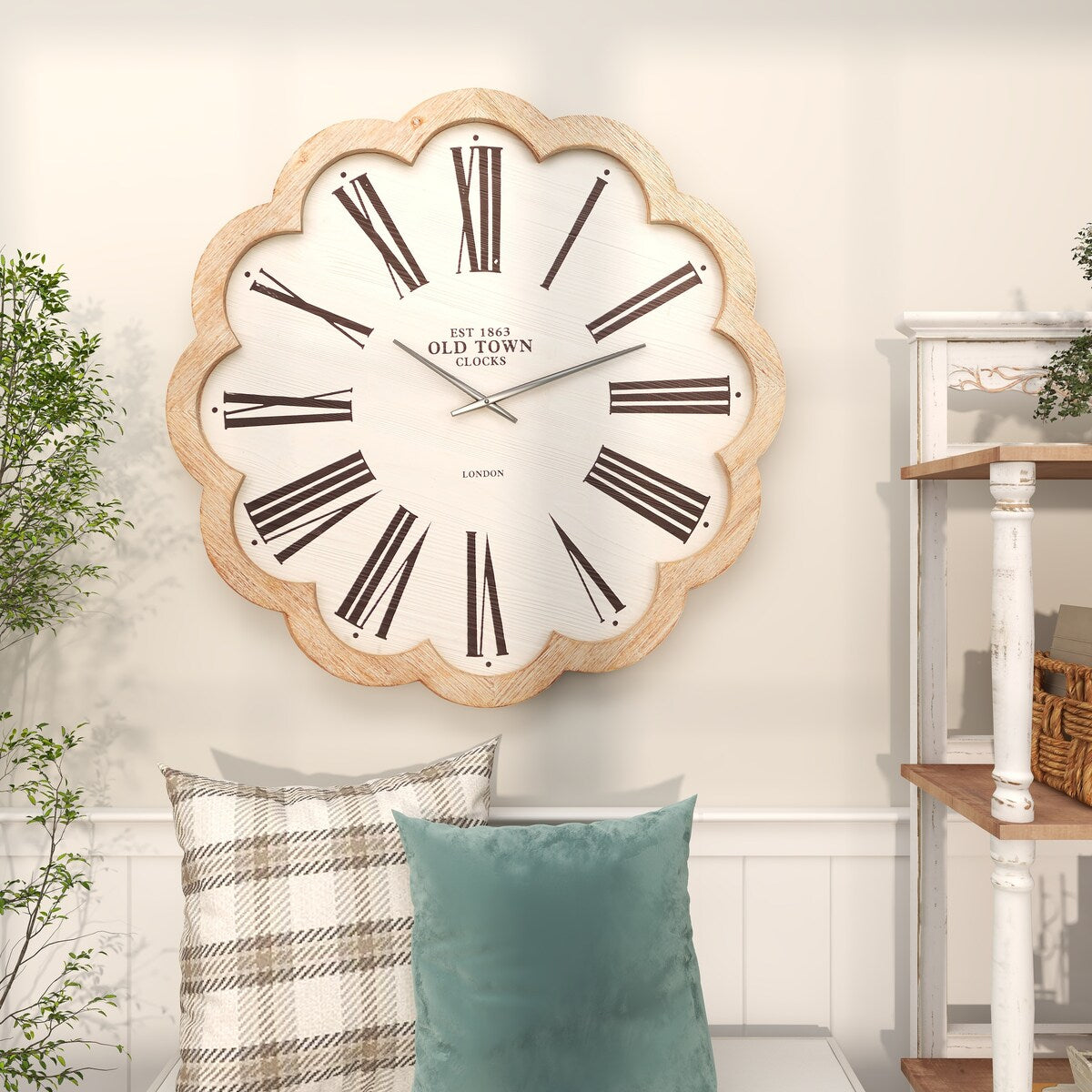 Wood Floral Shaped Decorative Wall Clock with Brown Scalloped Frame - White - Roche River Decor