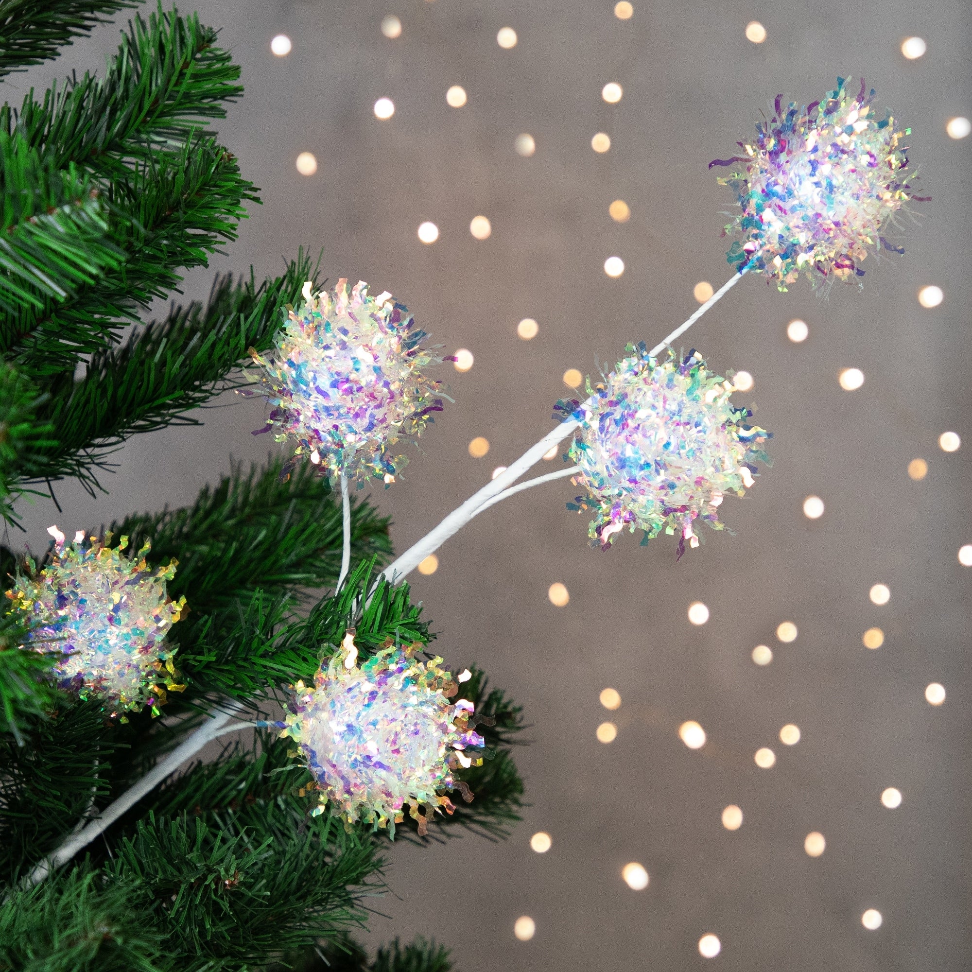 27 White Iridescent Snowball Christmas Spray