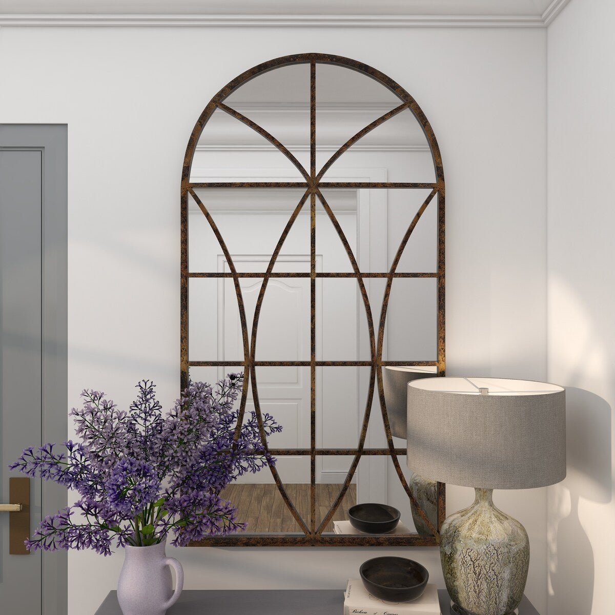 Metal Window Pane Inspired Room Wall Mirror with Arched Top - Brown - Roche River Decor