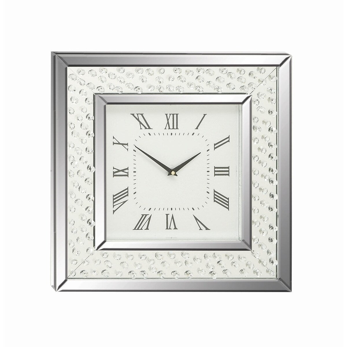 Wooden Mirrored Decorative Wall Clock with Floating Crystals - Silver - Roche River Decor