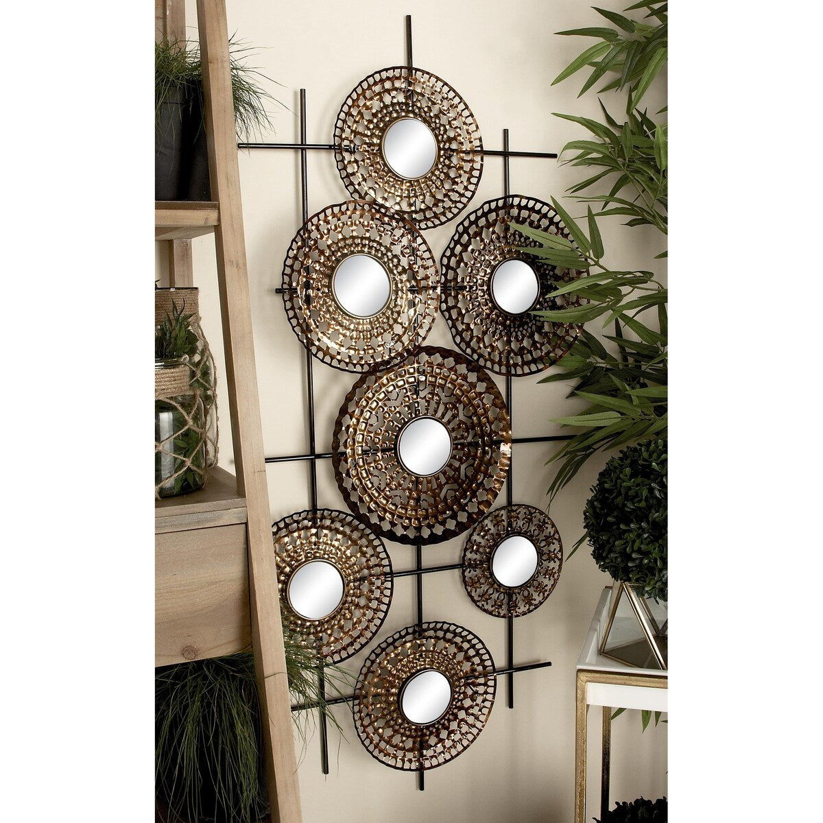 Metal Plate Home Wall Decor with Round Mirrored Accents - Brown - Roche River Decor