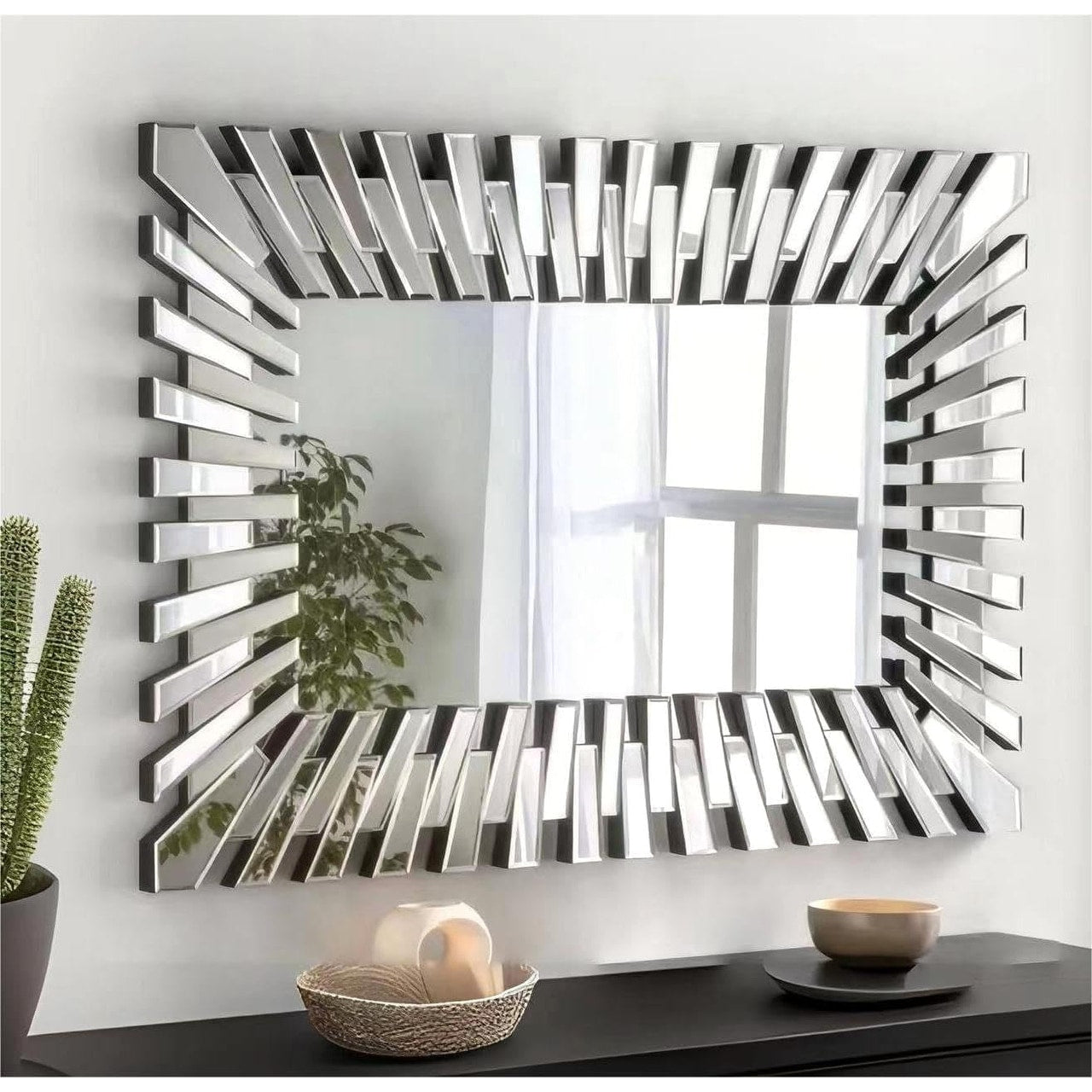 Rectangle Accent Wall Mirror Sunburst Silver Decor