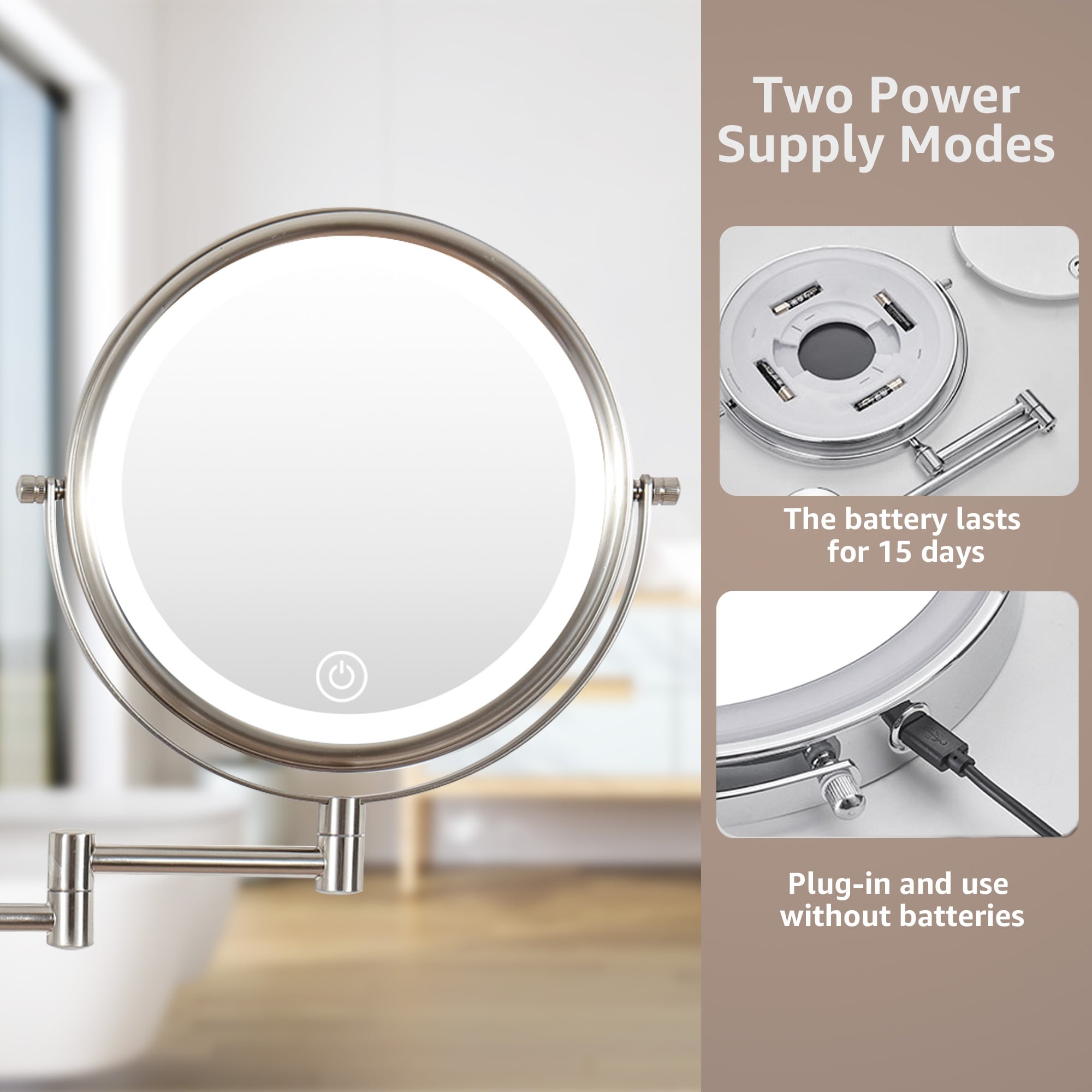 Yulika Plug-in Wall Mounted Makeup Mirror Magnifying Mirror with Light 1X/10X or 1X/7X