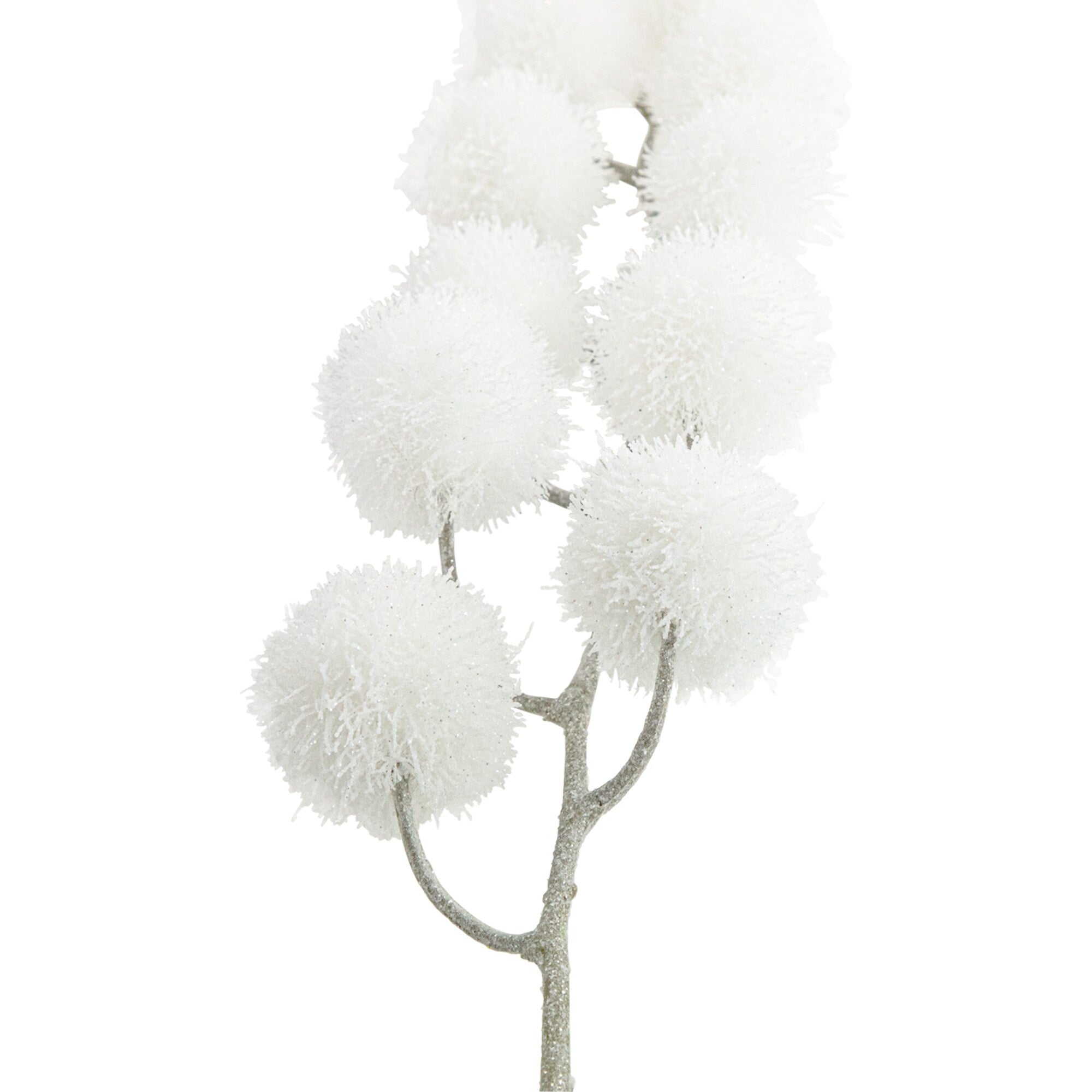 24 White Glittered Pom Pom Artificial Christmas Spray