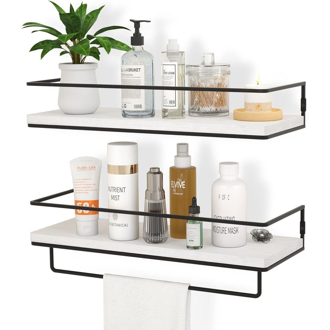 Wall Mounted Floating Shelves with Metal Frame and Towel Rack, Set of 2