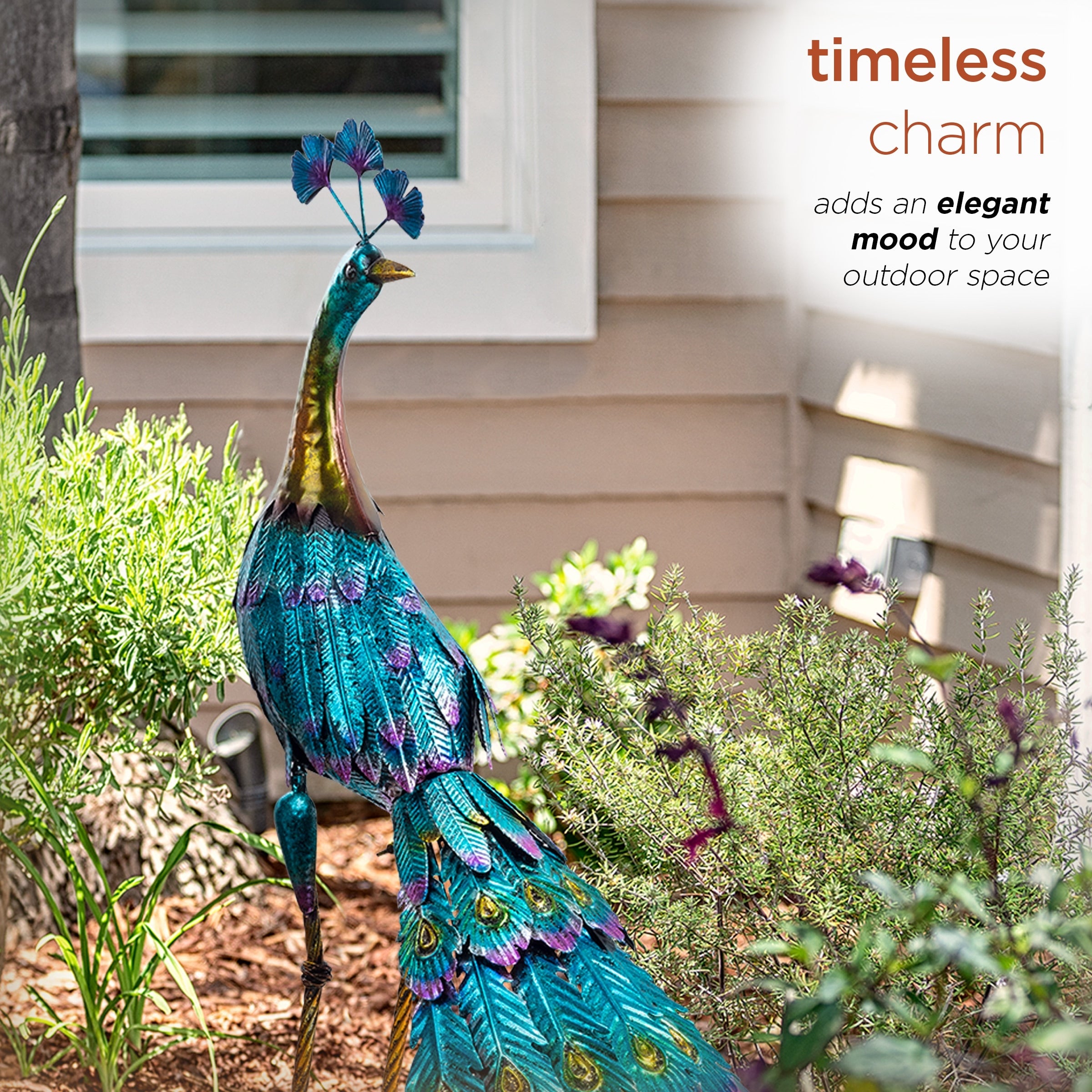 Alpine Corporation 23 Tall Outdoor Metallic Peacock Tail Spread Yard Statue Decoration, Multicolor