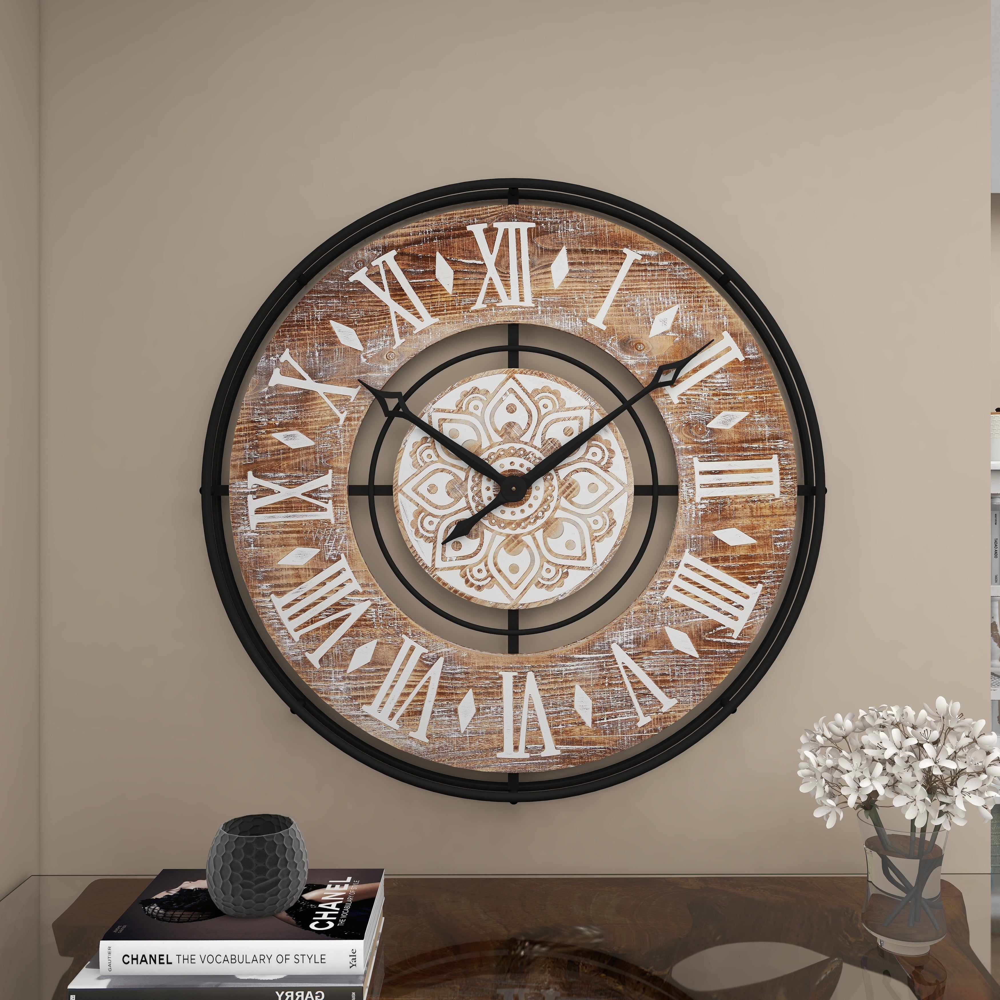 Metal Decorative Wall Clock with Wood Accents - Brown - Roche River Decor