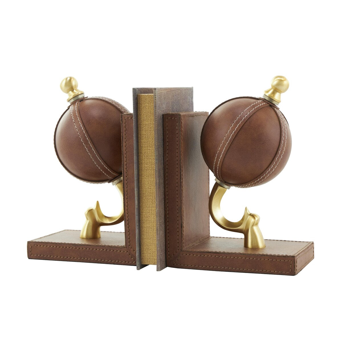 Leather Globe Handmade Stitched Decorative Bookends with Brown Wood Base - Set of 2 Brown - Roche River Decor