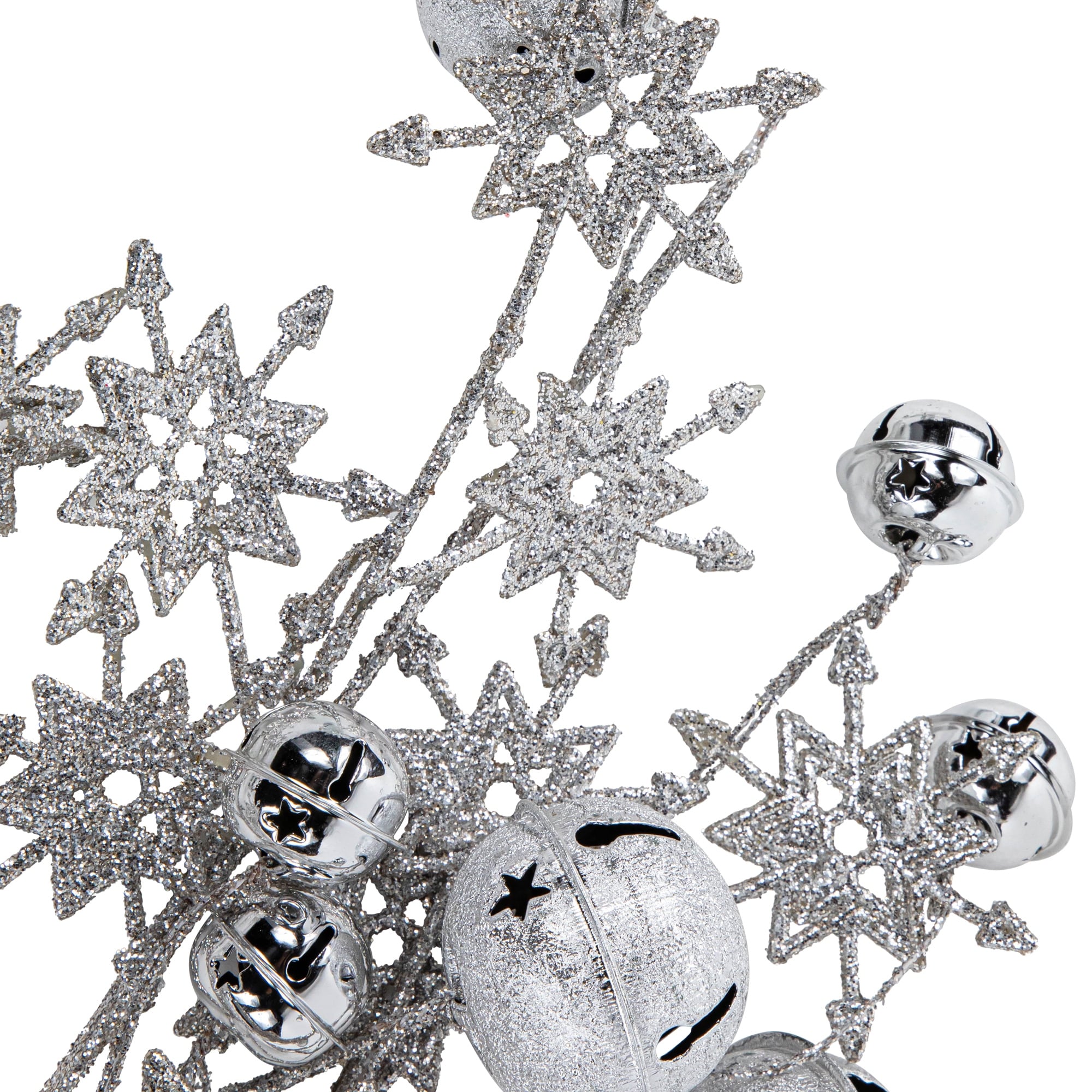 34 Silver Jingle Bells and Glitter Snowflakes Artificial Christmas Spray