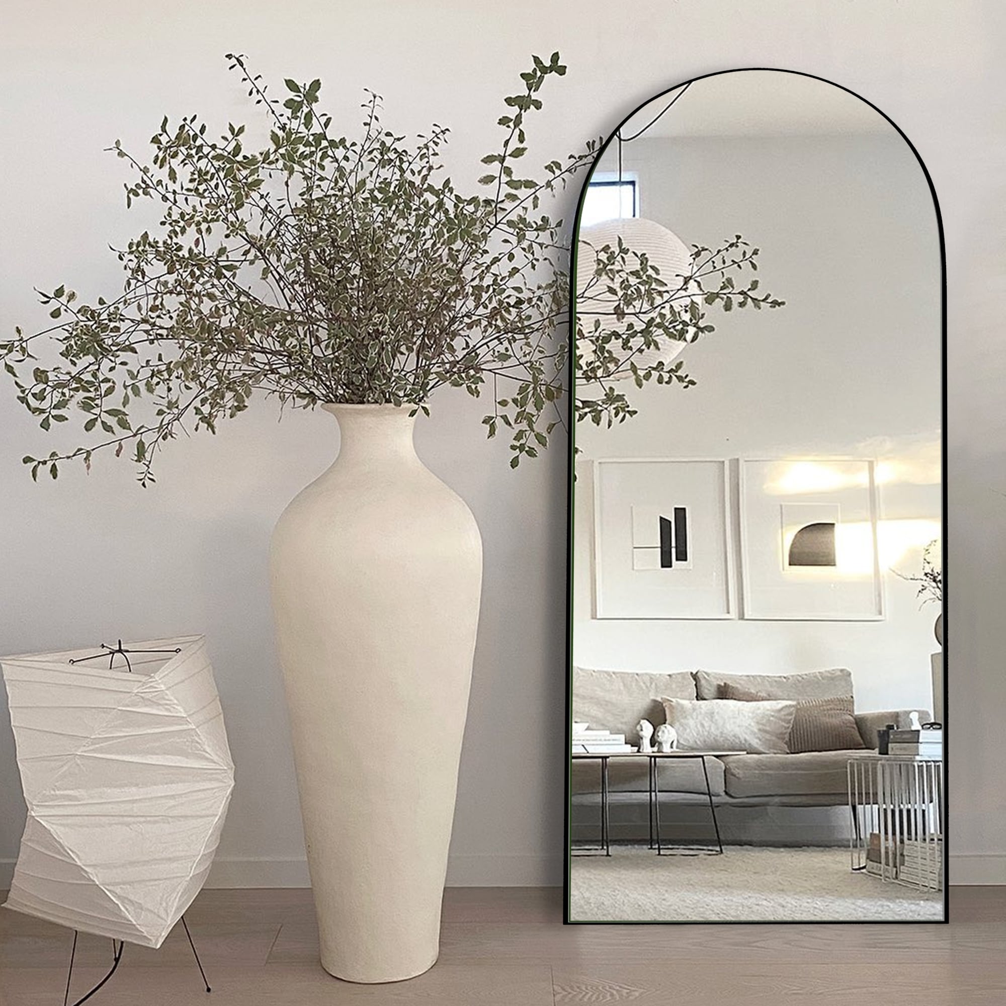 Classic Wood Arched Full Length Mirror with Stand, Floor Mirror