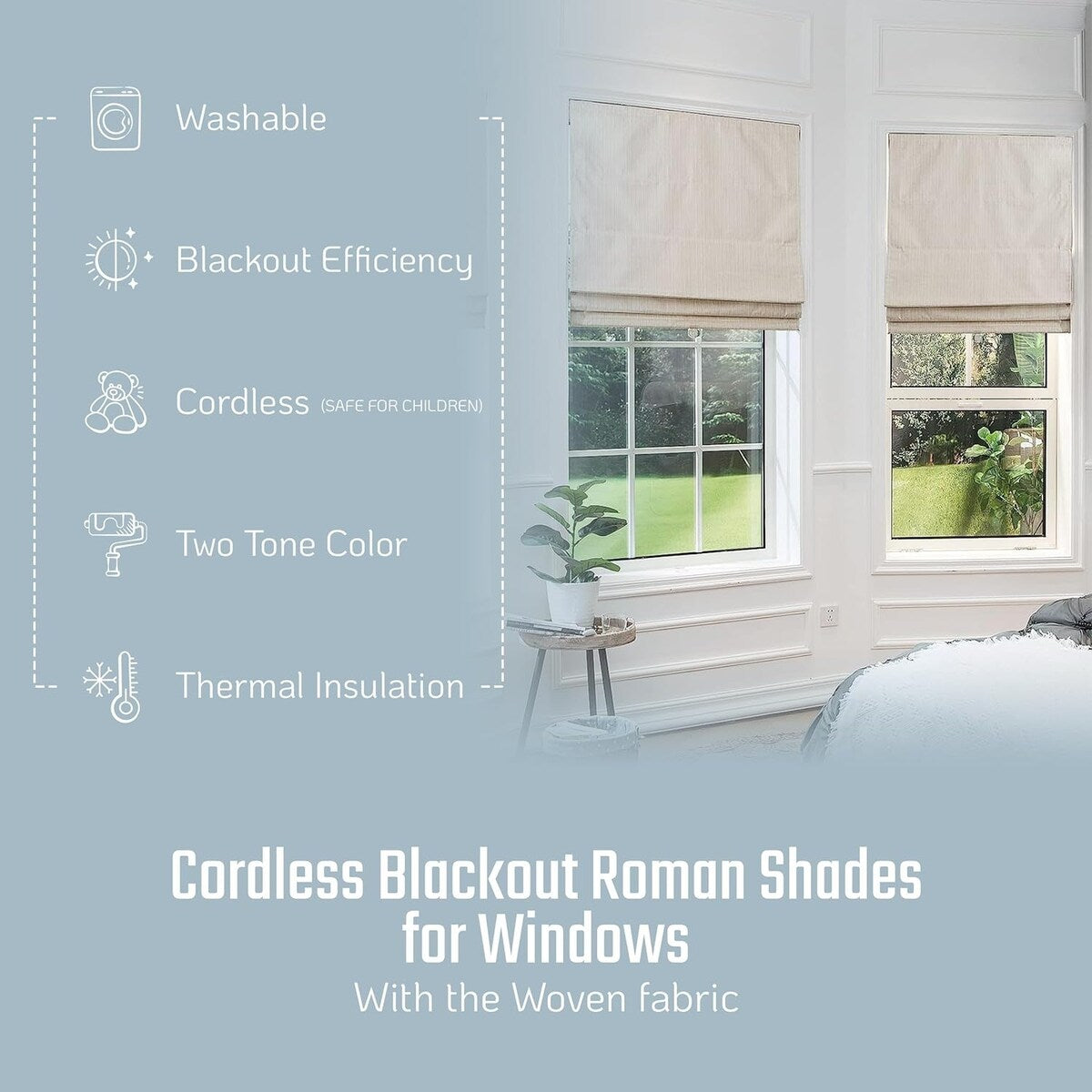 Roman Shades for Windows, 100% Blackout Shades, Cordless Pull DownWindow Shades, Shades for Indoor Windows