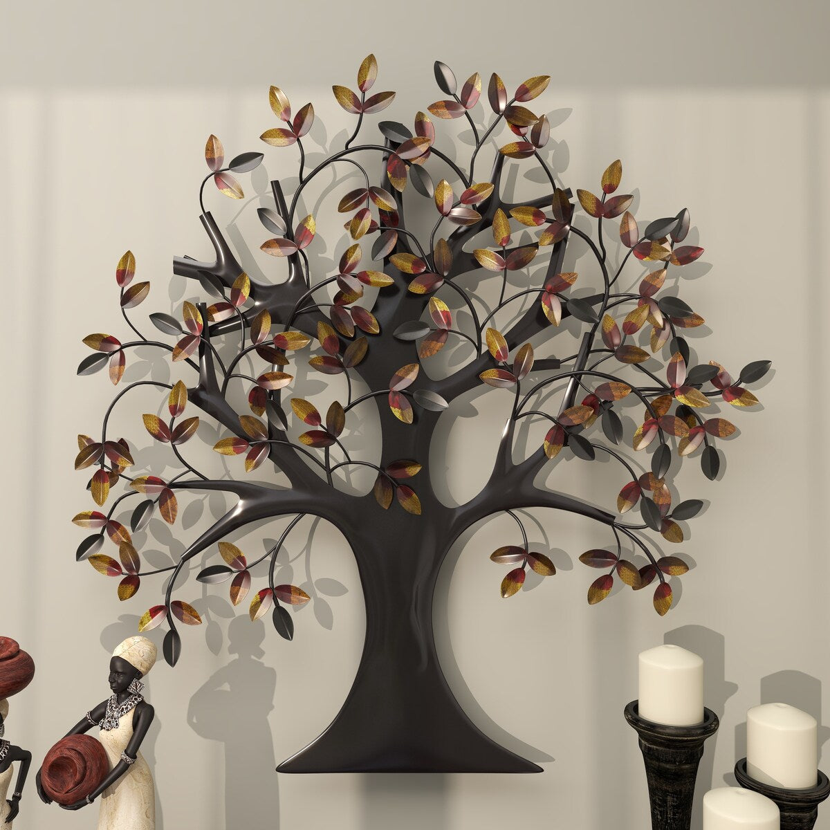 Metal Tree Indoor Outdoor Home Wall Decor with Leaves - Brown - Roche River Decor