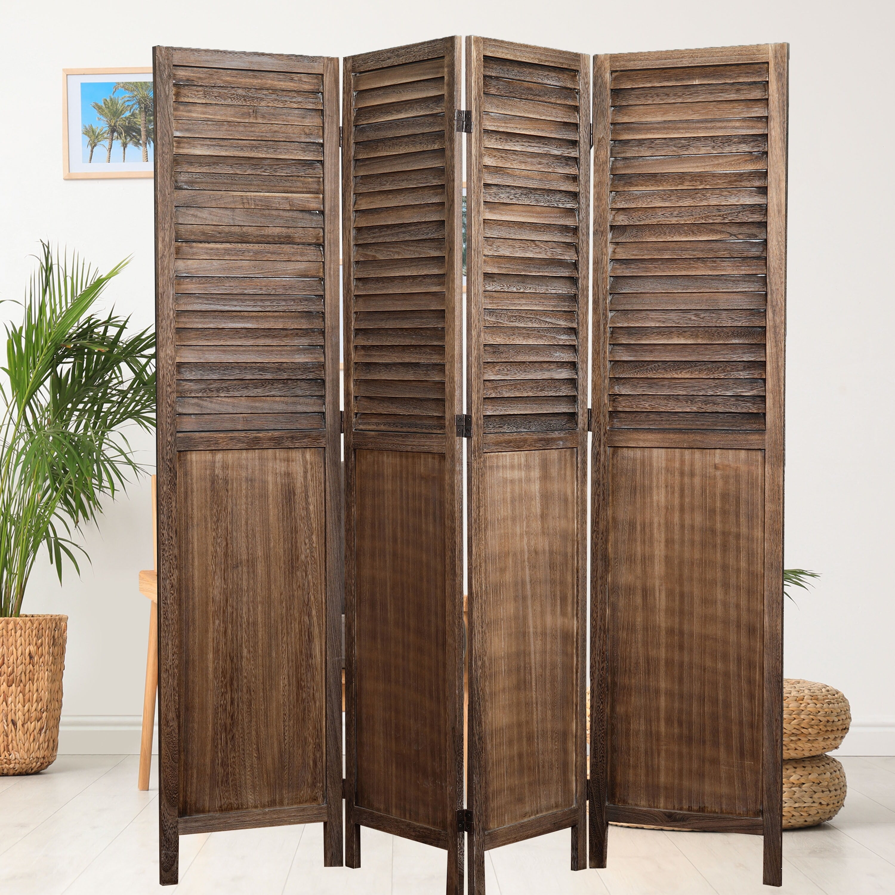 Proman Products Rancho Shutter 4 Panel Room Divider , Folding Screen, Privacy Screen, Paulownia Wood, Rustic Brown