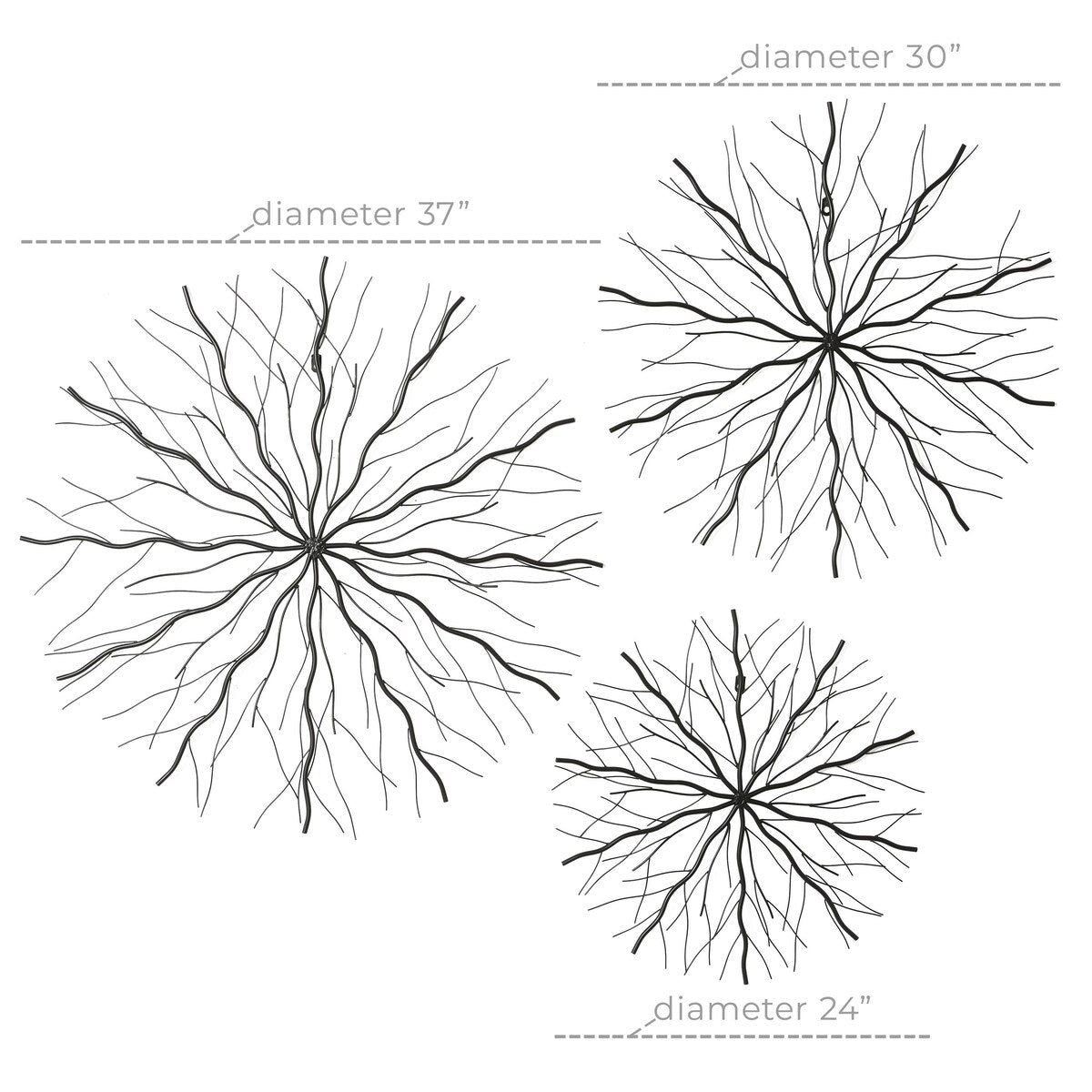 Metal Starburst Home Wall Decor with Branch Inspired Design - Set of 3 Black - Roche River Decor