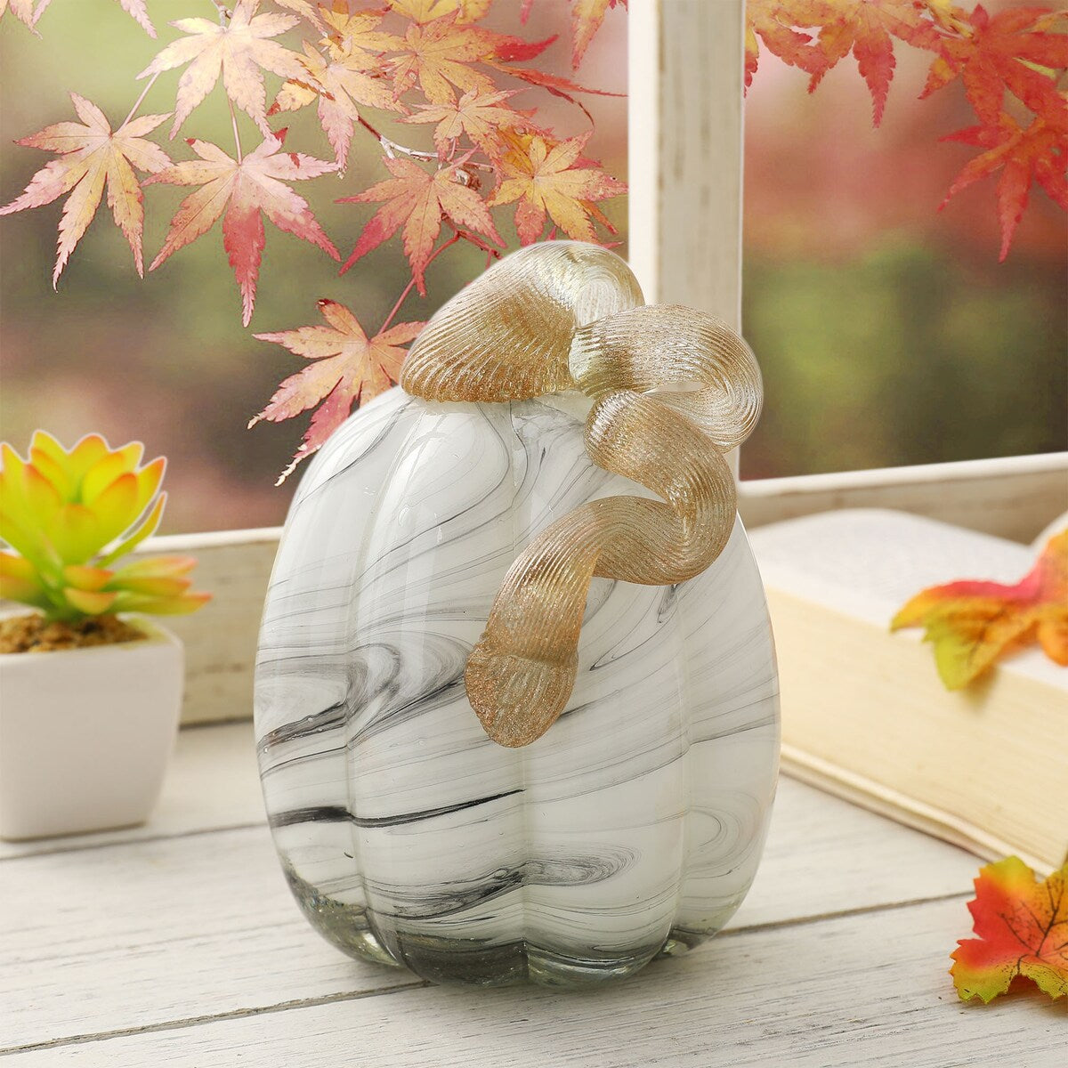 Glitzhome Fall Harvest Gray Marble Handblown Glass Pumpkins for Thanksgiving Decor