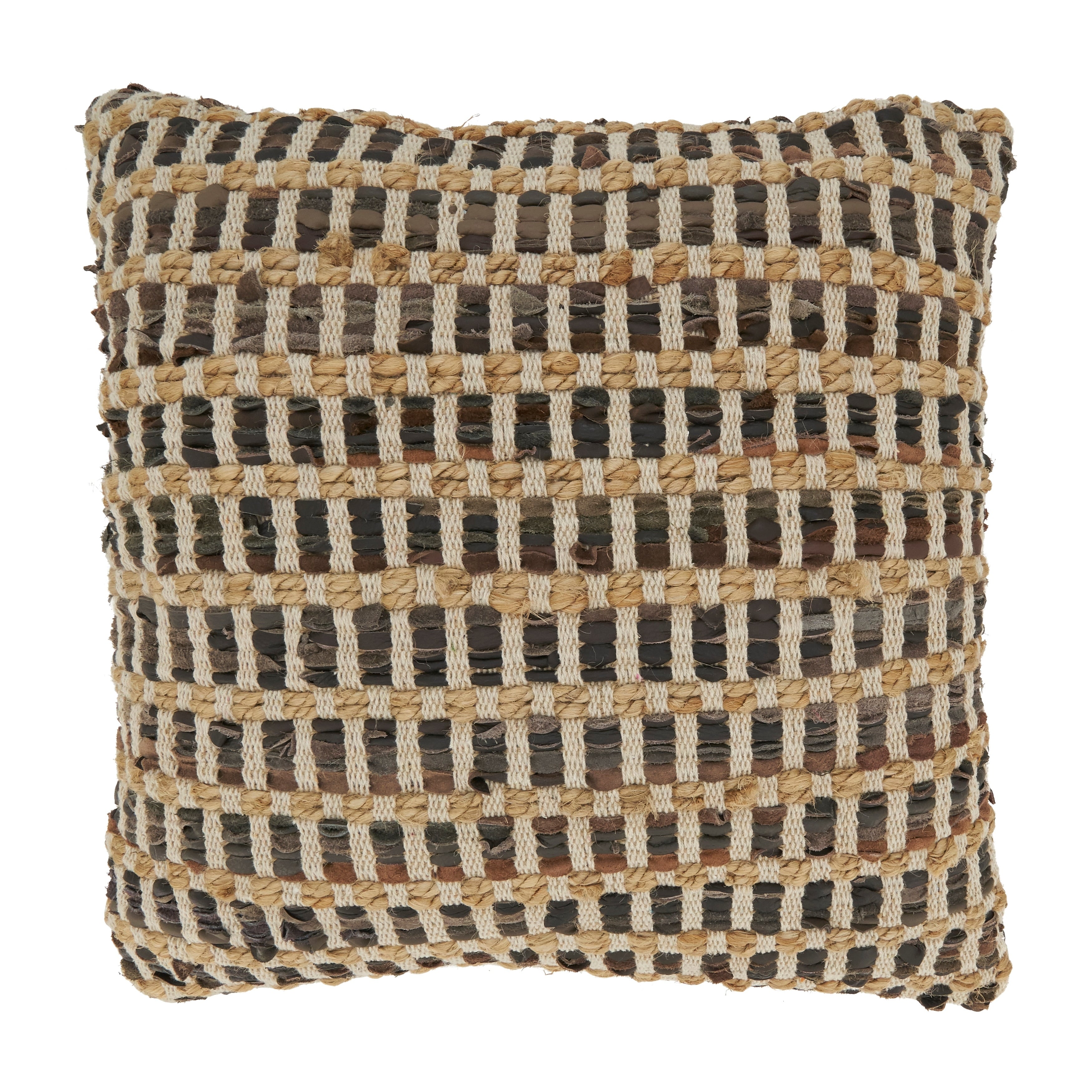 Earthy Leather and Jute Woven Throw Pillow