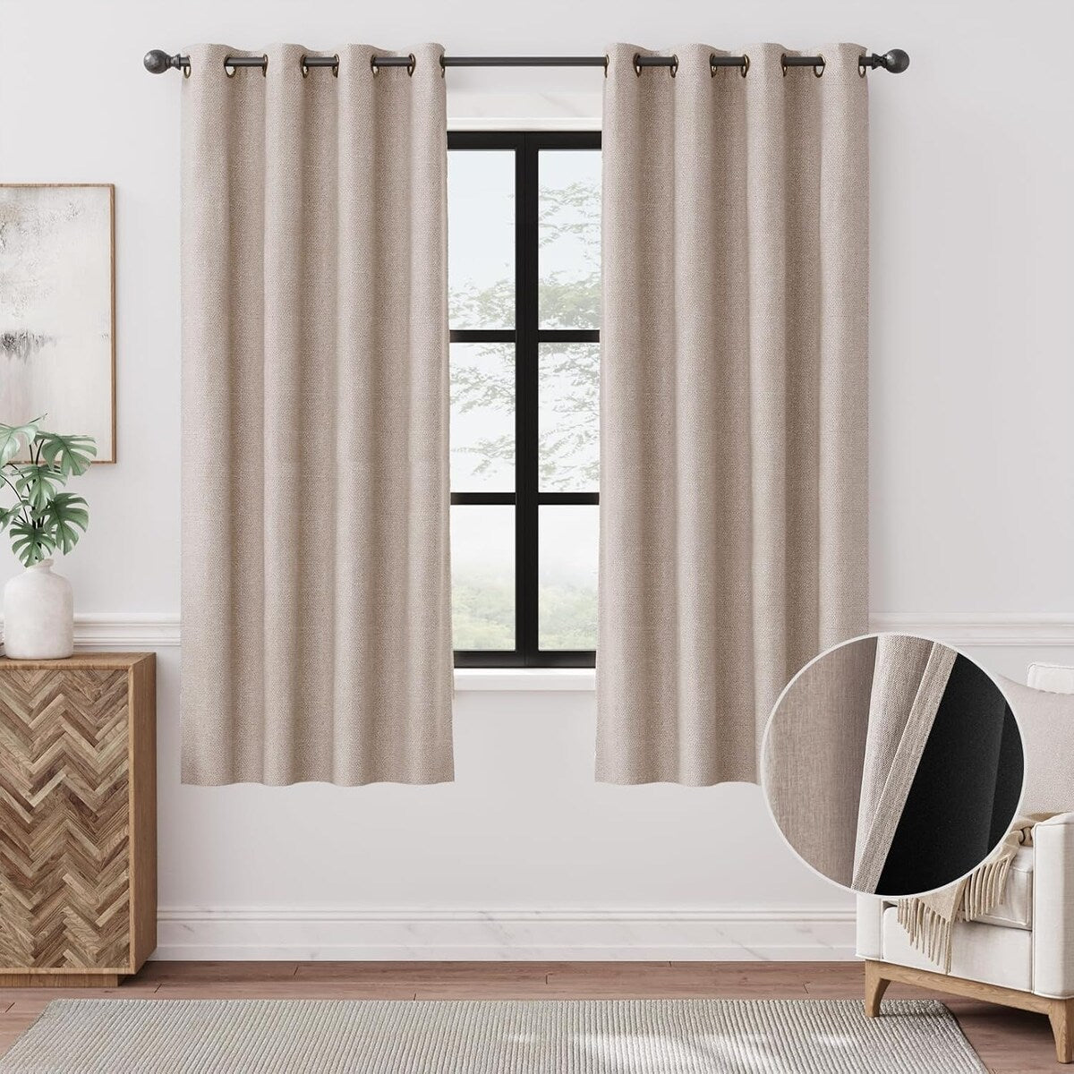 90% Blackout Faux Linen Curtains Thermal Insulated Room Darkening Curtains, 2 Panels Set, Grommet Top Window Treatments