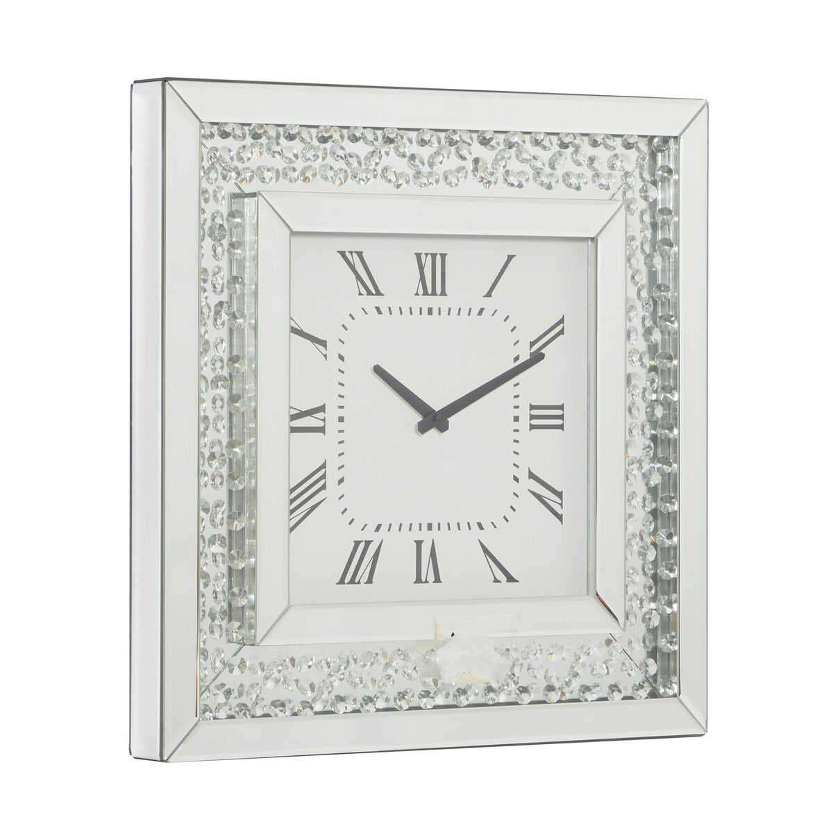 Wooden Mirrored Decorative Wall Clock with Floating Crystals - Silver - Roche River Decor