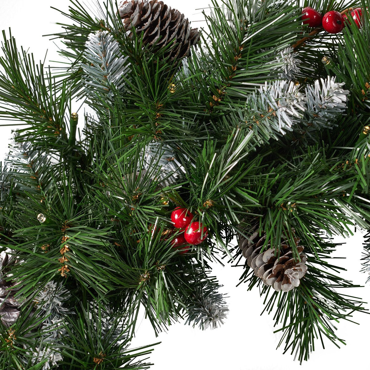 24''Mixed Frosted Wreath With With 16 Pine Cones And 8 Red Berry And 50 Warm White Led Lights - As Picture Show