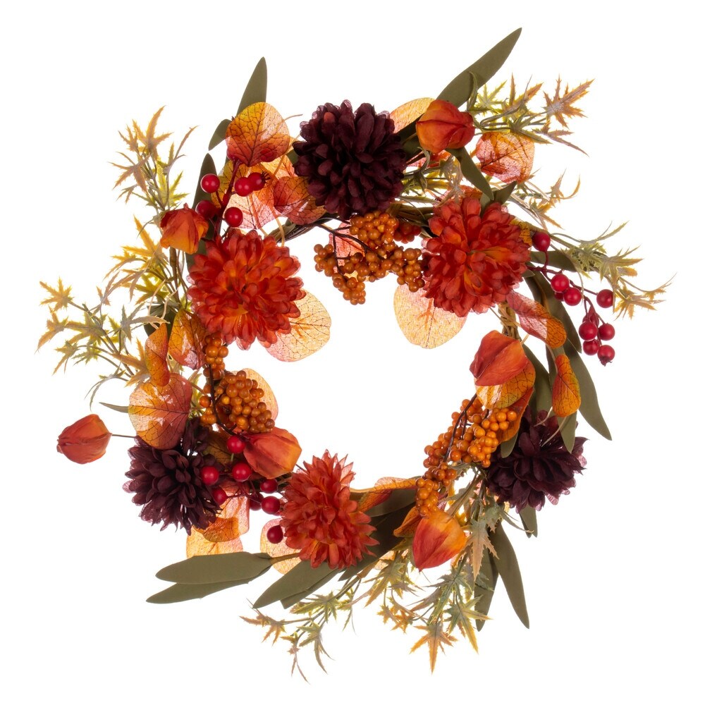 Vickerman 14 Orange and Burgundy Artificial Mixed Mum, Chinese Lantern, and Berry Wreath Candle Ring.