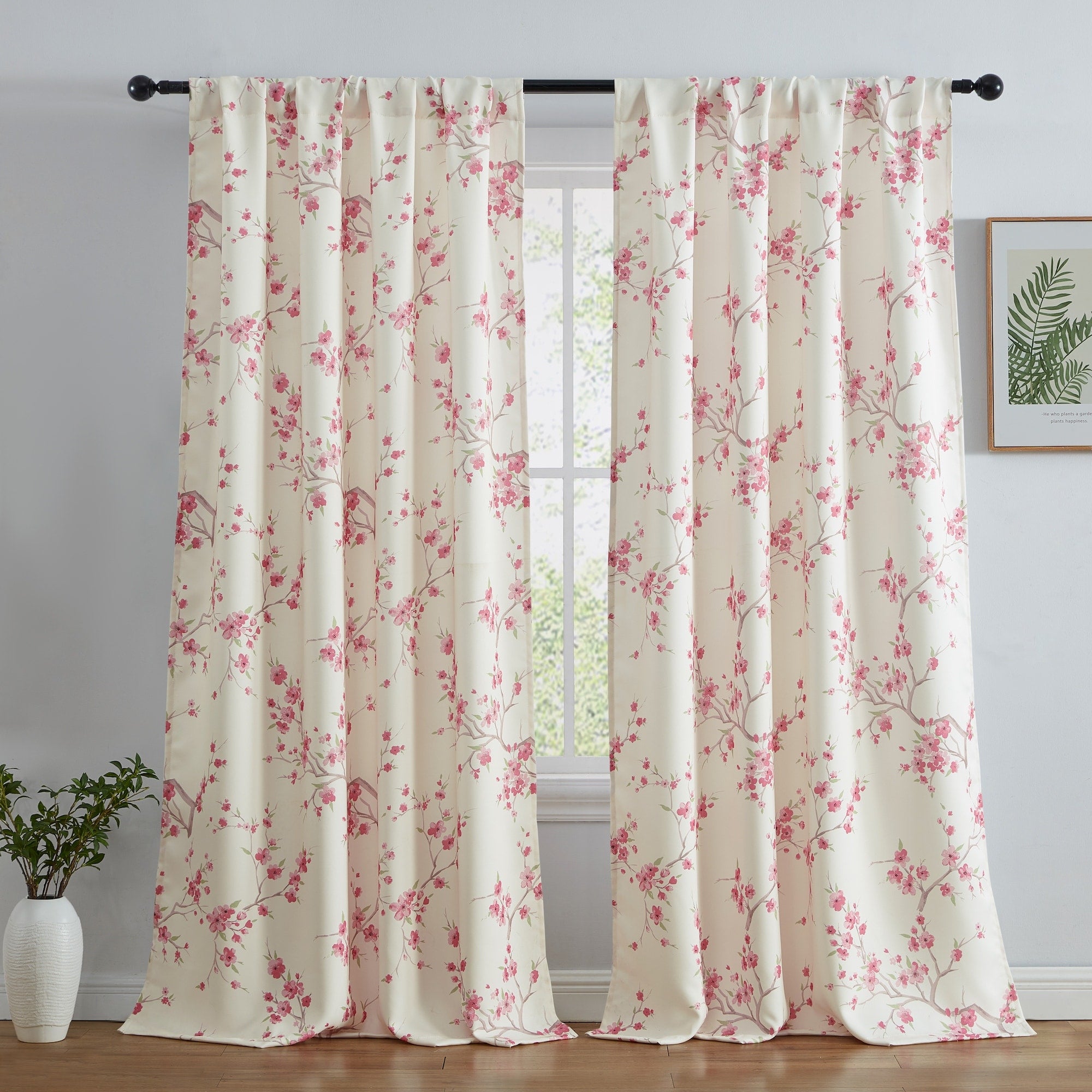 HLC.me Jasmine Floral Light Blocking Curtain Rod Pocket Pole Top Panels - Set of 2