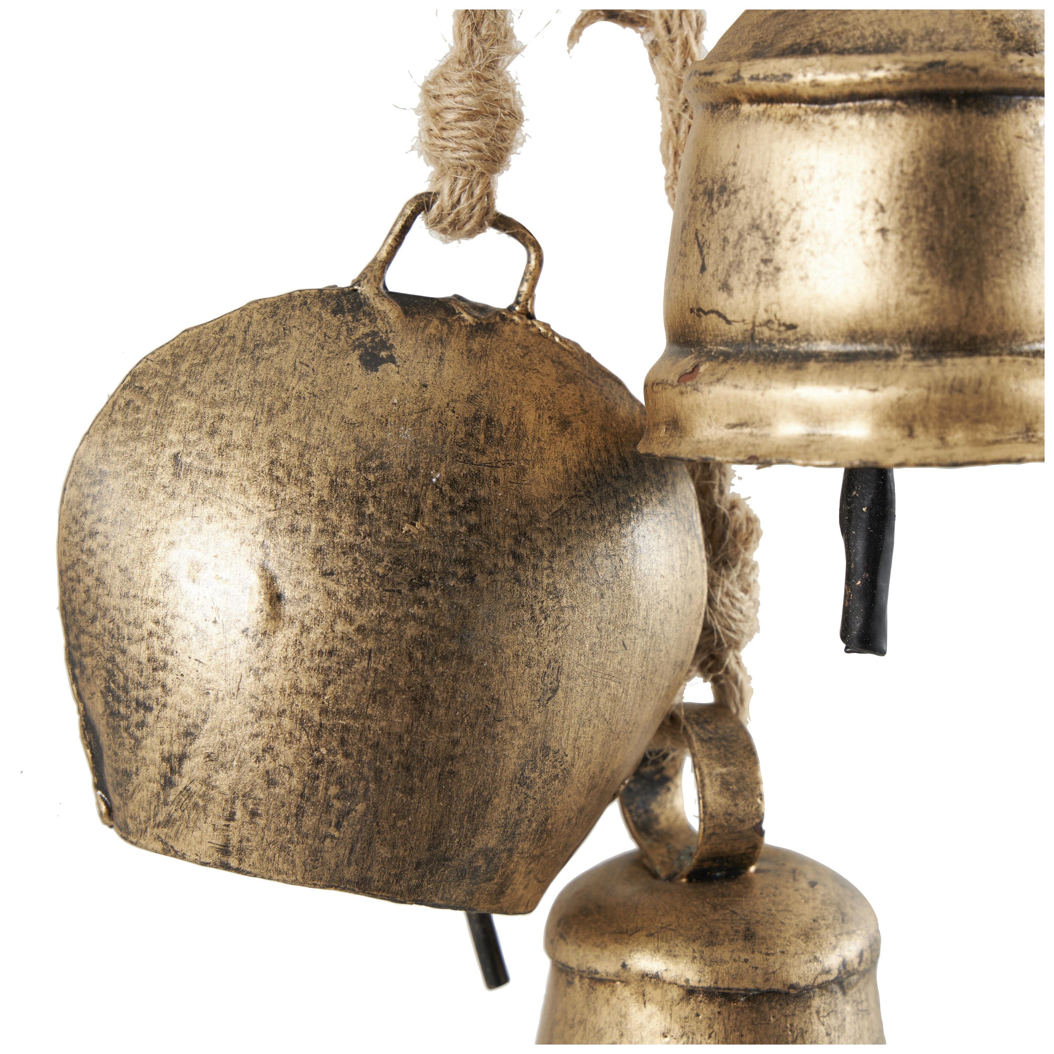 Metal Tibetan Inspired Decorative Cow Bells with 5 Bells on Jute Hanging Rope - Gold or White - Roche River Decor