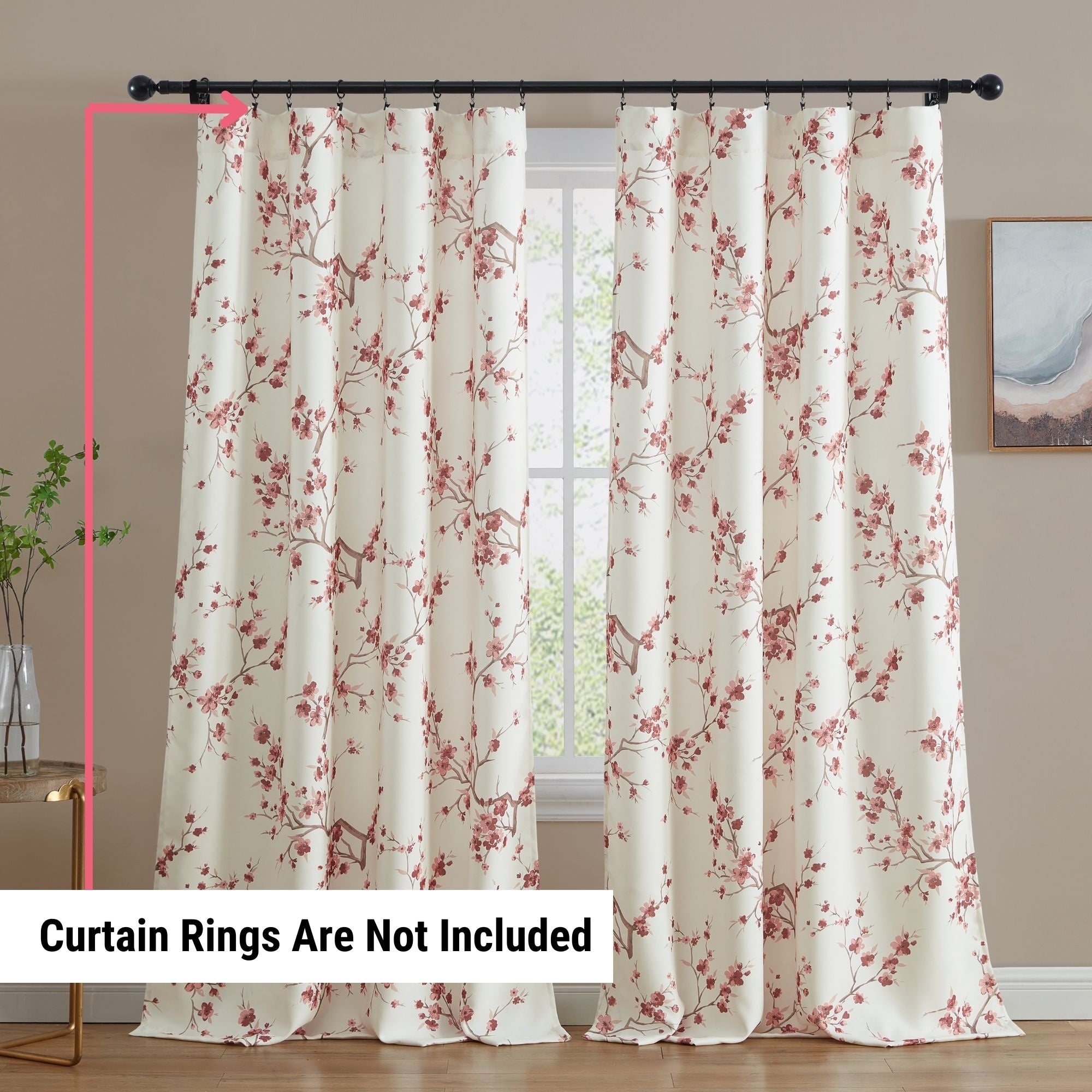 HLC.me Jasmine Floral Light Blocking Curtain Rod Pocket Pole Top Panels - Set of 2