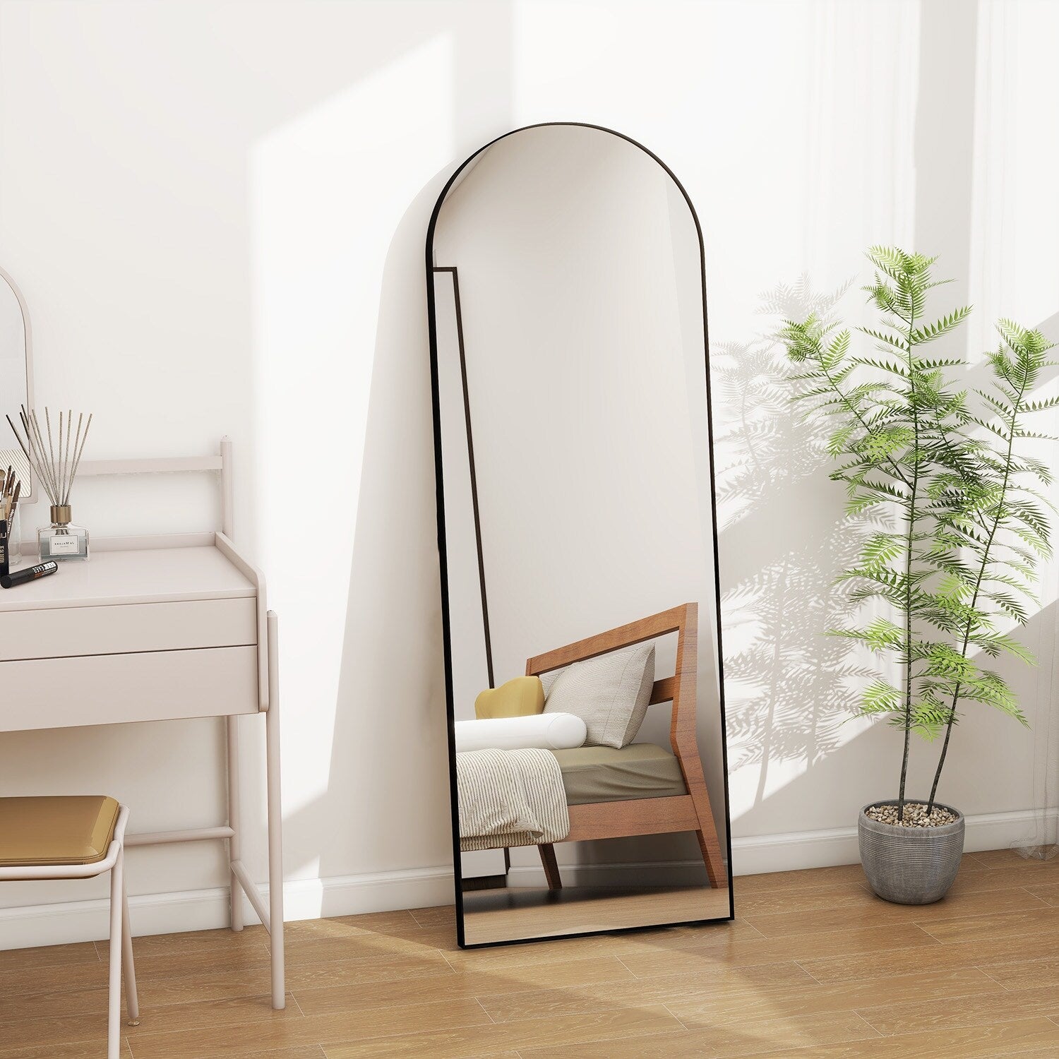 Full Length Arched Mirror with Shatter-Proof Glass & with Stand Aluminum Alloy Frame for Bedroom Cloakroom, Floor Standing