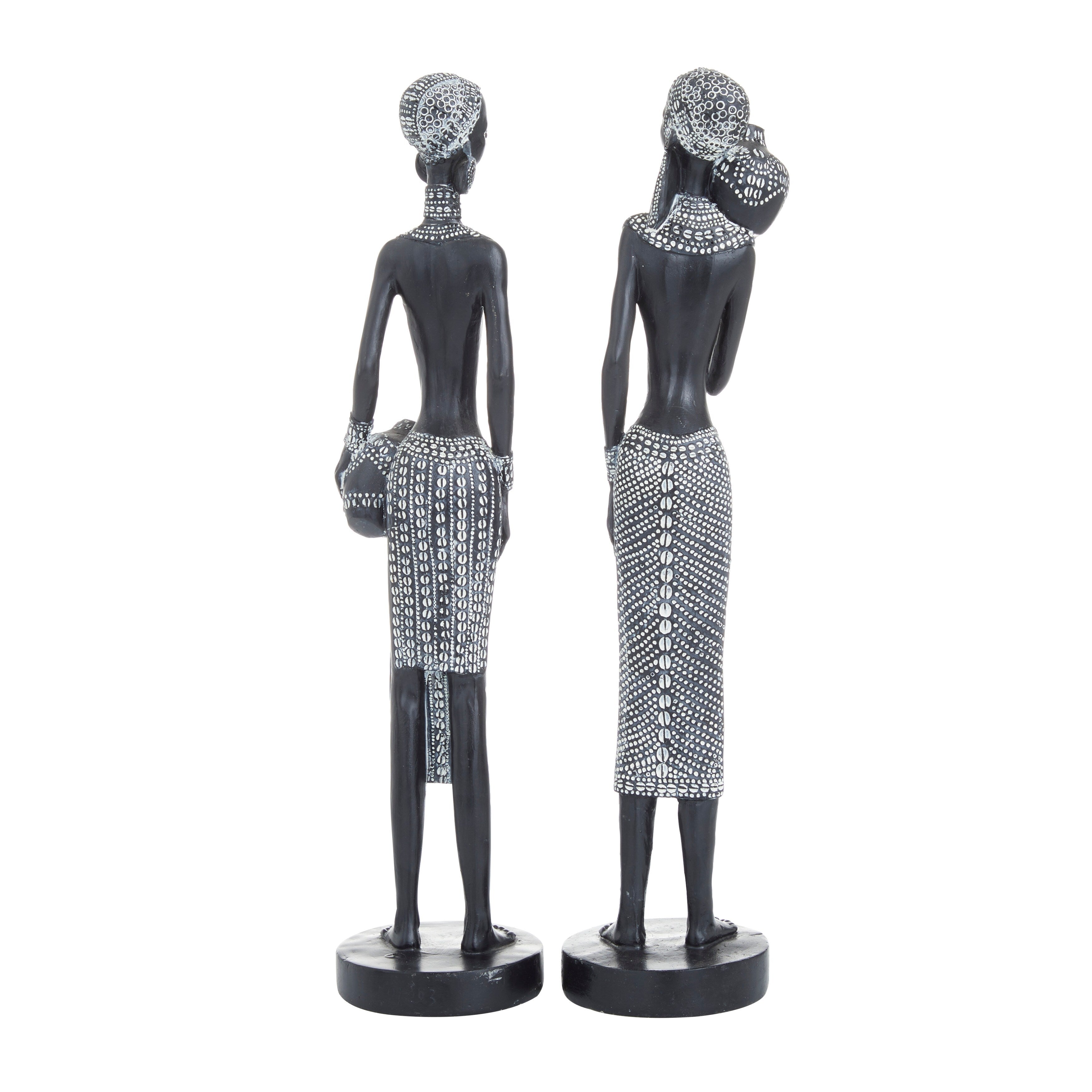 Black Polystone Standing African Woman Decorative Sculpture with Intricate Details (Set of 2) - 3 x 3 x 14