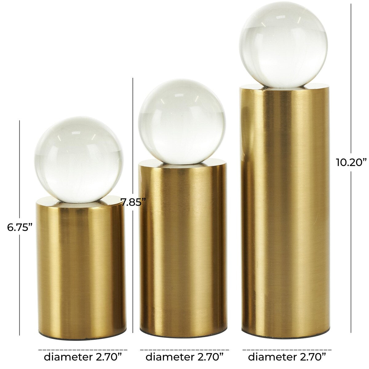 Metal Geometric Cylinder Post Decorative Sculpture with Clear Glass Orbs - Set of 3 Gold - Roche River Decor