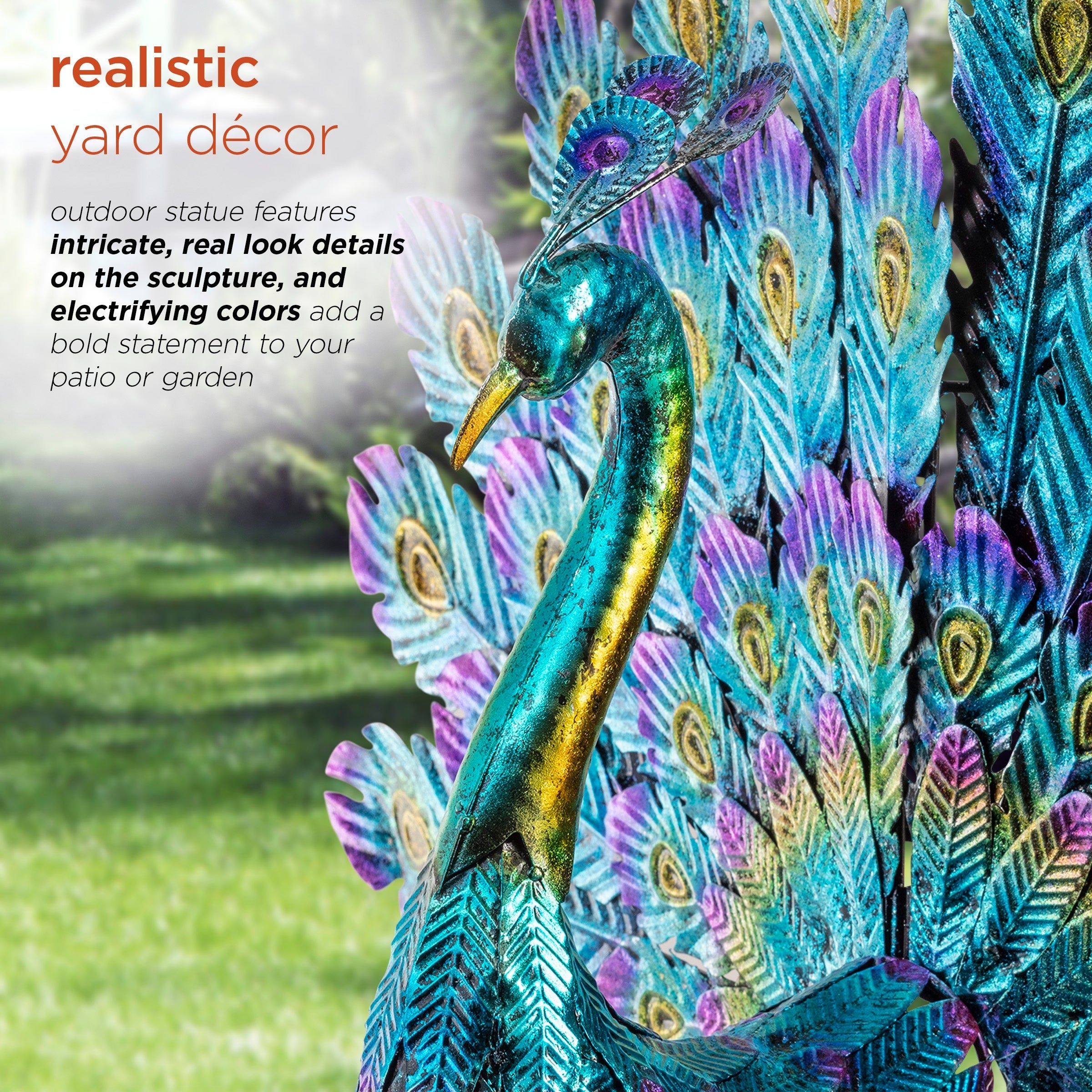 Alpine Corporation 23 Tall Outdoor Metallic Peacock Tail Spread Yard Statue Decoration, Multicolor